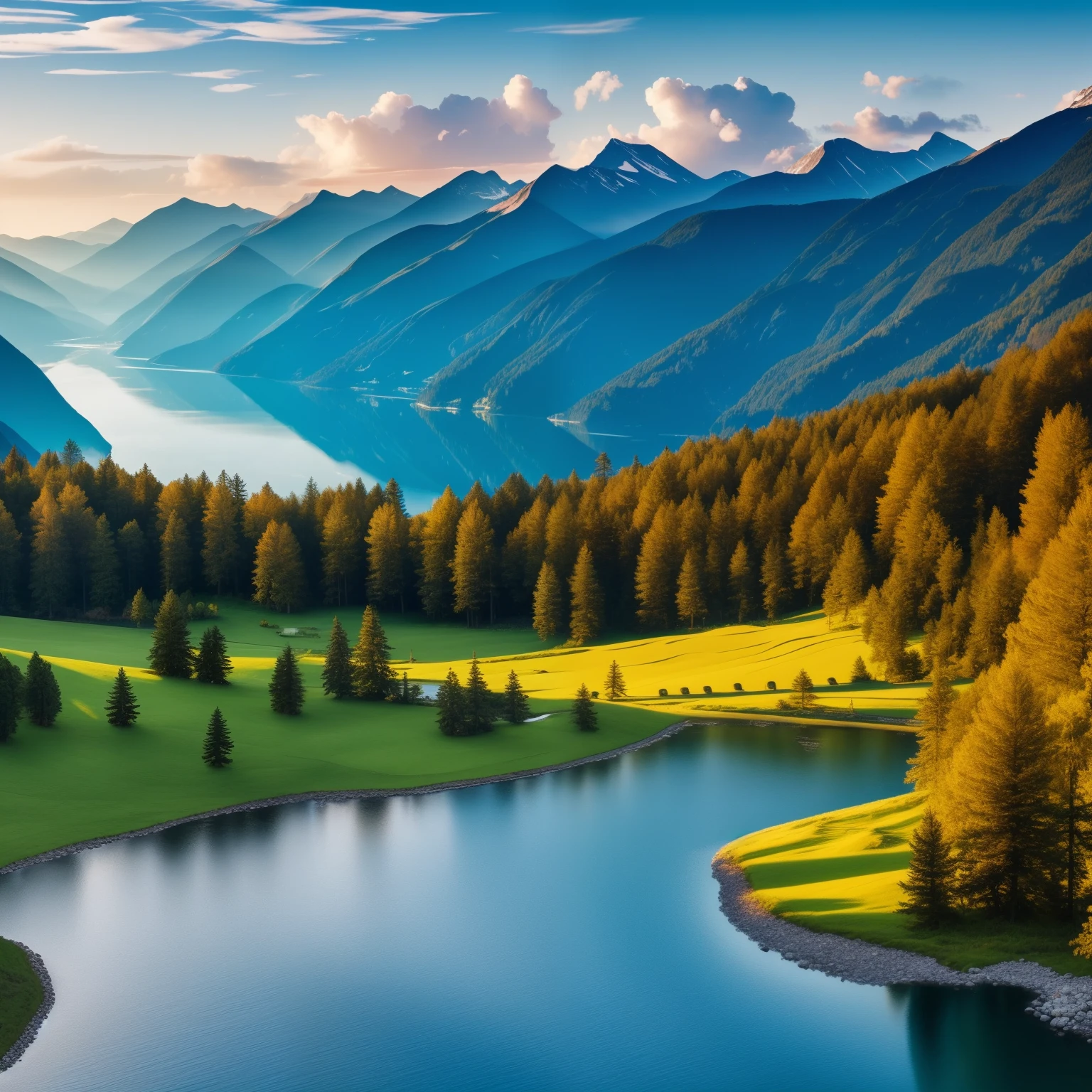 Create image with a breathtaking landscape in Switzerland, a masterpiece of high quality and extreme detail, CG unity 8k wallpaper worthy, boasting a captivating scenery of serene mountains, crystal-clear lakes, and lush greenery, trending on artstation and CGsociety. The scene exudes an intricate, high-detail beauty with dramatic skies, featuring billowing clouds that emit a soft, ethereal glow during golden hour, casting long, dynamic shadows on the mountainous terrain. The tranquil water reflects the surrounding landscape, showcasing every  detail in the most photorealistic manner. The air is filled with the crisp, refres