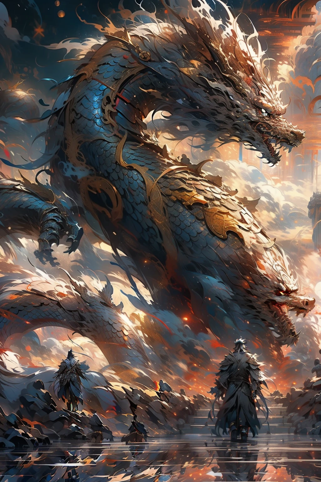 Dark clouds billow ominously in the sky, thick and gray, as ancient walls crumble to the ground beneath them. In the midst of this desolation, a young boy rides atop a magnificent Chinese dragon, its golden scales gleaming in the fading sunshine. Armor-clad warriors prepare for an earth-shattering battle, their armor reflecting the autumn colors of the leaves falling around them. The night closes in, casting long, deep purple shadows as the sound of drums echoes through the valley. Blood stains the ground, marking the gravity of the impending conflict. The red flag of their enemy flutters in the wind, a stark reminder of the dire situation. The river of