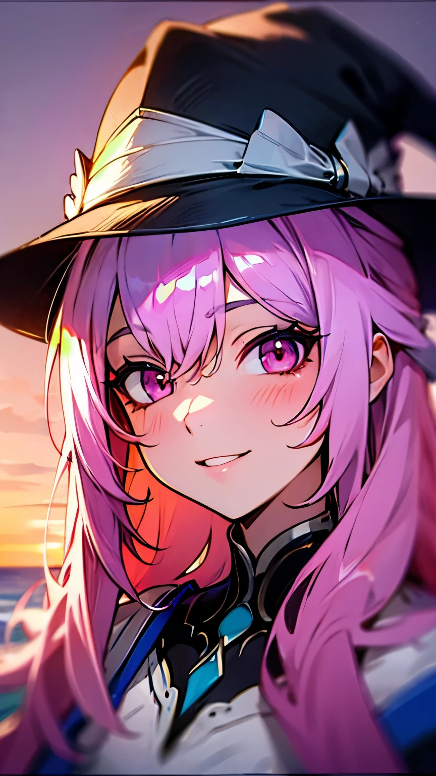 beach，seaside，Sunset，pink hair，pink eyes，Smile，white shirt，8K resolution，black wizard hat