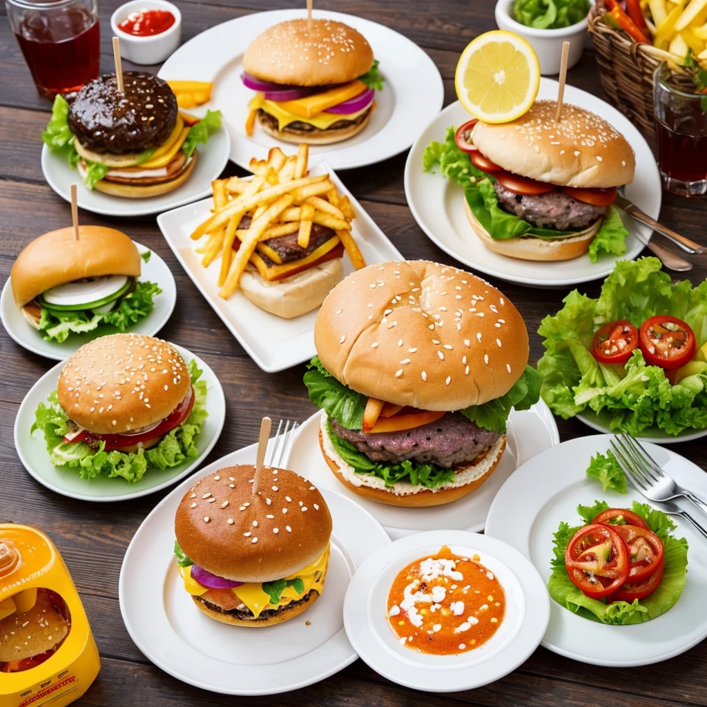 Delicious looking burgers arranged decoratively on a plate in a photo quality promotional style.