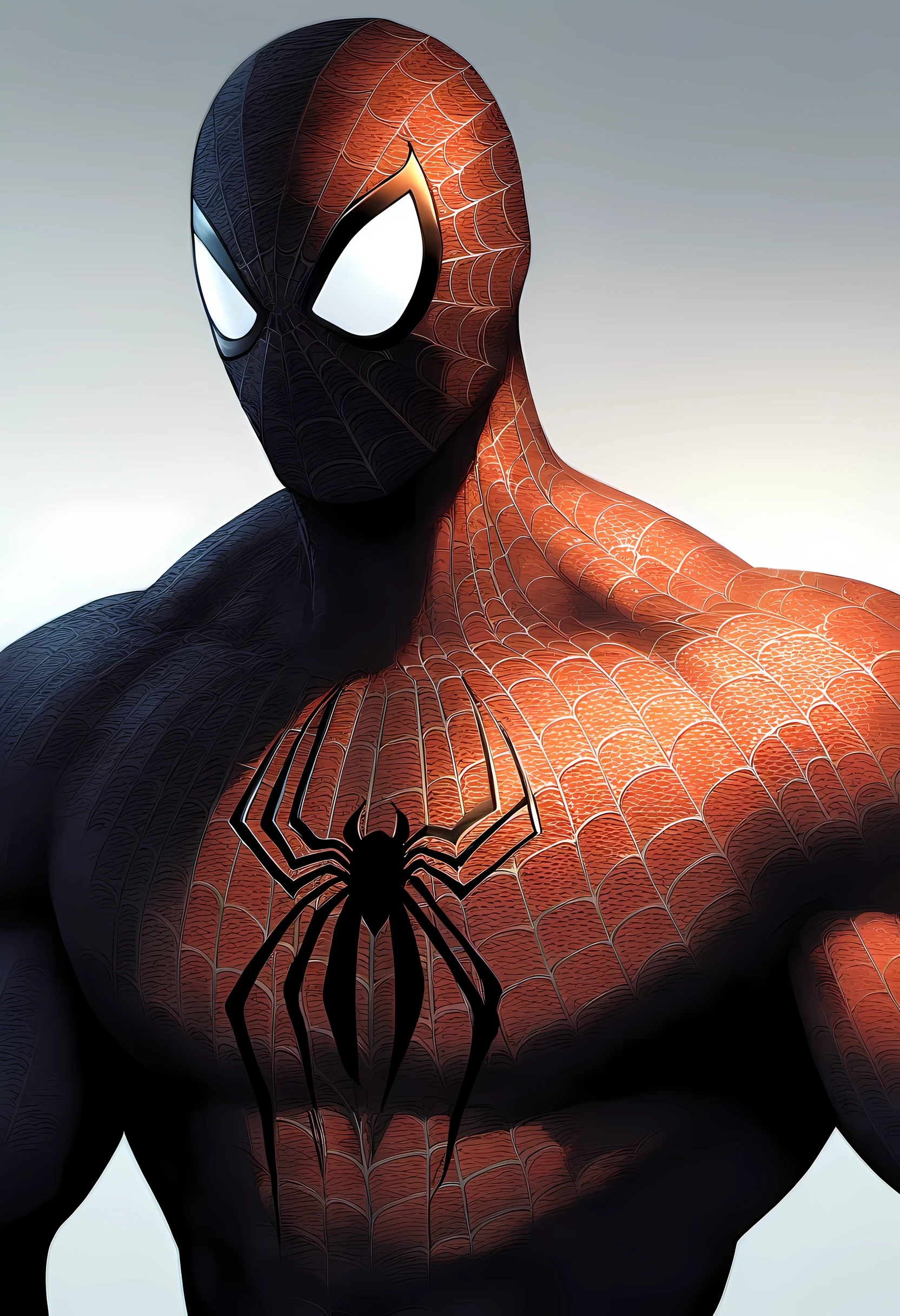 anime characters:Black Spider-Man, Muscular Spider-Man, male focus, Upper body, buzz clip, He is wearing black tights, small grid texture, spiderman mask, Spider-Man logo, muscular man, extra large breasts, only, alone, White background, Simple background, amazing quality, best aesthetics, ridiculous, short hair, shadow, best quality