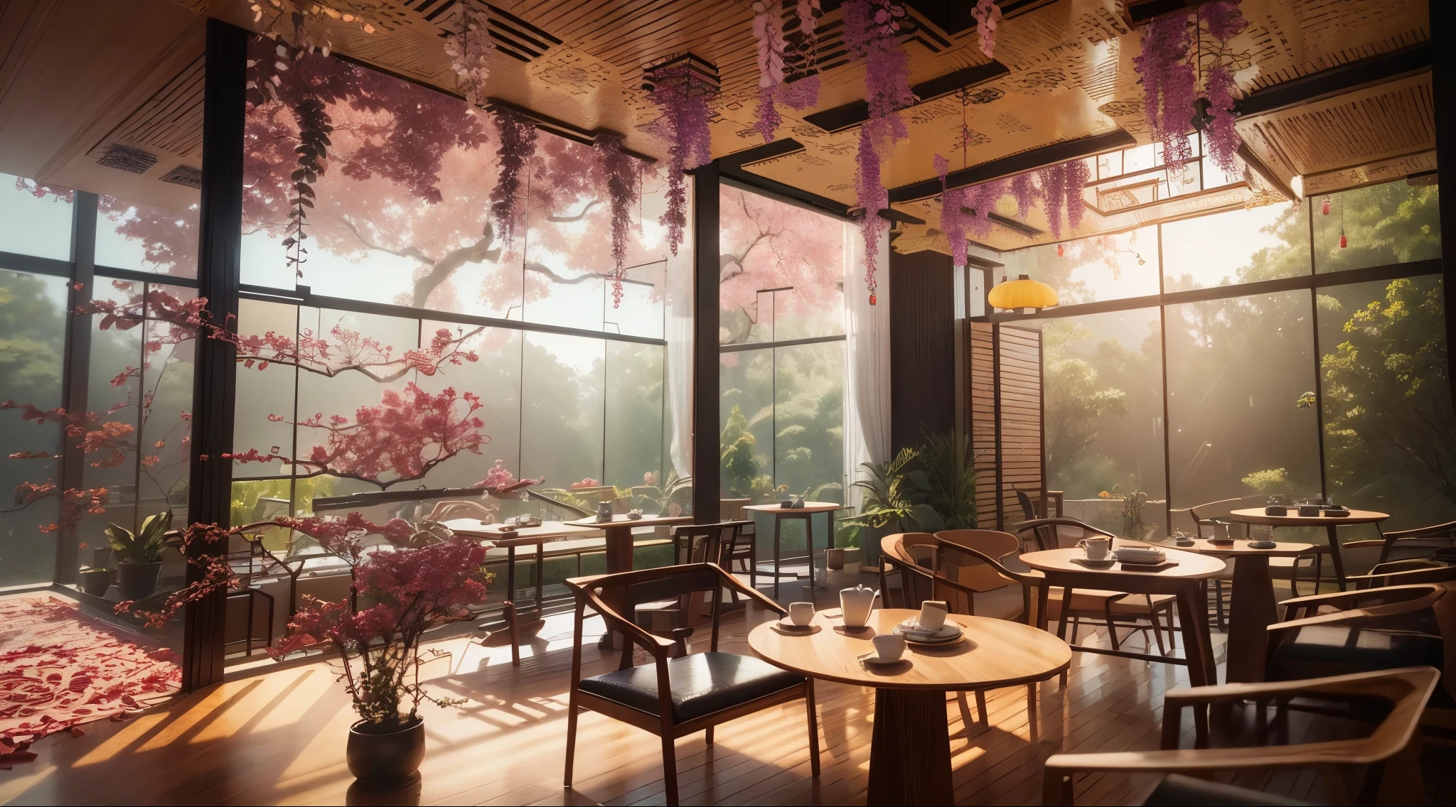 Design Chinese Dining Room Interior Rendering, (Best Quality, High Resolution), (Bright, Vibrant Colors), (Detailed, Realistic), Hanging Flowers and Plants, Transparent Glass Walls, Open Greenery Around the Dining Room Table, ((Chinese Furniture)), (Chinese Furniture), Natural Light, Sunlight, Dead Tree Trunks, Foliage, Flower Arrangements, Warm Tones reminiscent of the diagonal tracking style of V-Ray, Ultra High Definition. Extreme Detail, 3D Rendering, OC Rendering, Best Quality, 4K, Hyper Detection, Unreal Engine 5, Octane Rendering