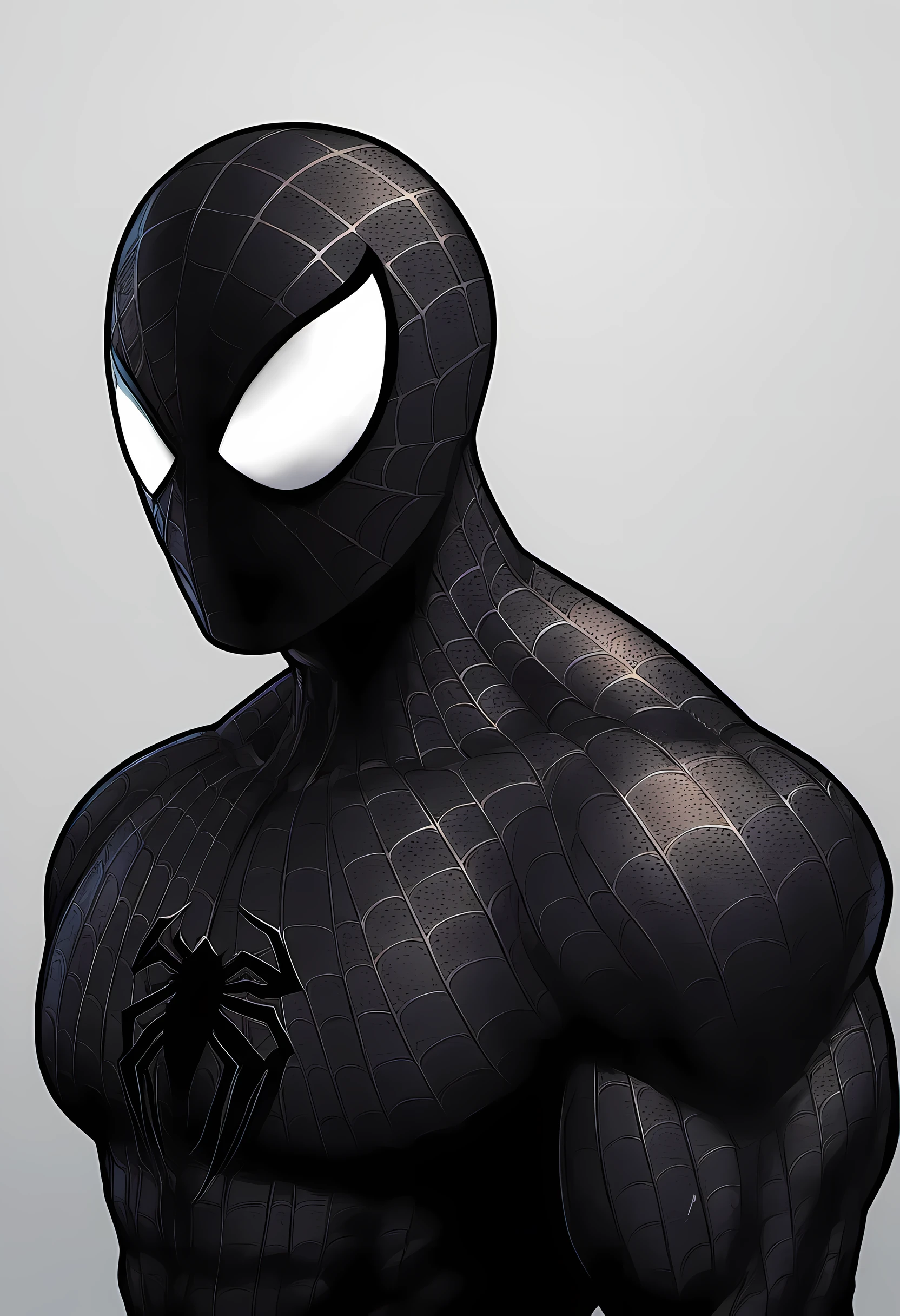 anime characters:Black Spider-Man, Muscular Spider-Man, male focus, Upper body, buzz clip, He is wearing black tights, small grid texture, spiderman mask, Spider-Man logo, muscular man, extra large breasts, only, alone, White background, Simple background, amazing quality, best aesthetics, ridiculous, short hair, shadow, best quality