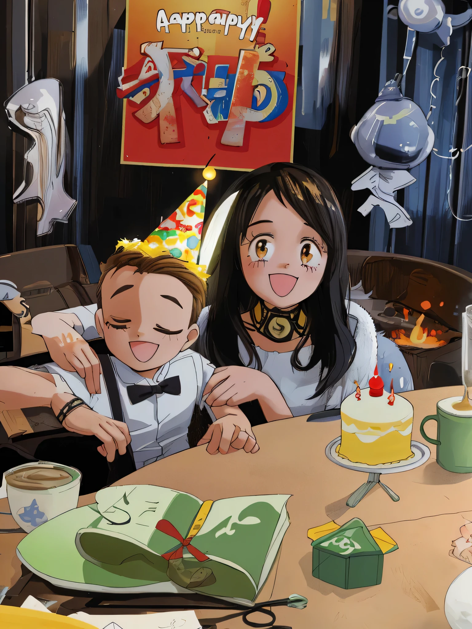 masterpiece, ，Birthday，top quality, warmth，bright, happy, pleasure, soft light，mother and son，Two people