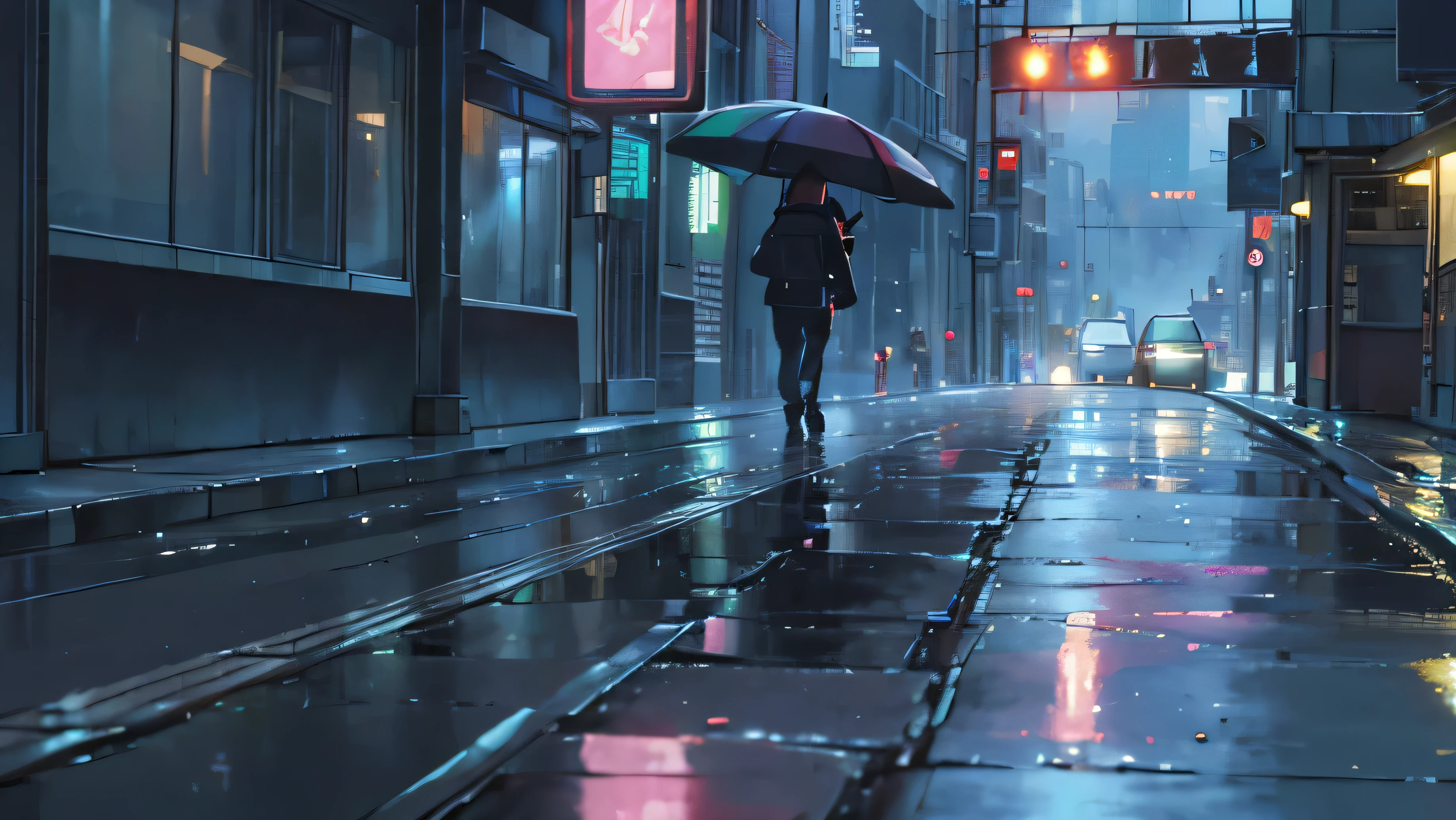 a scene of someone walking through the city streets at night, with flashing neon lights and puddle reflections.