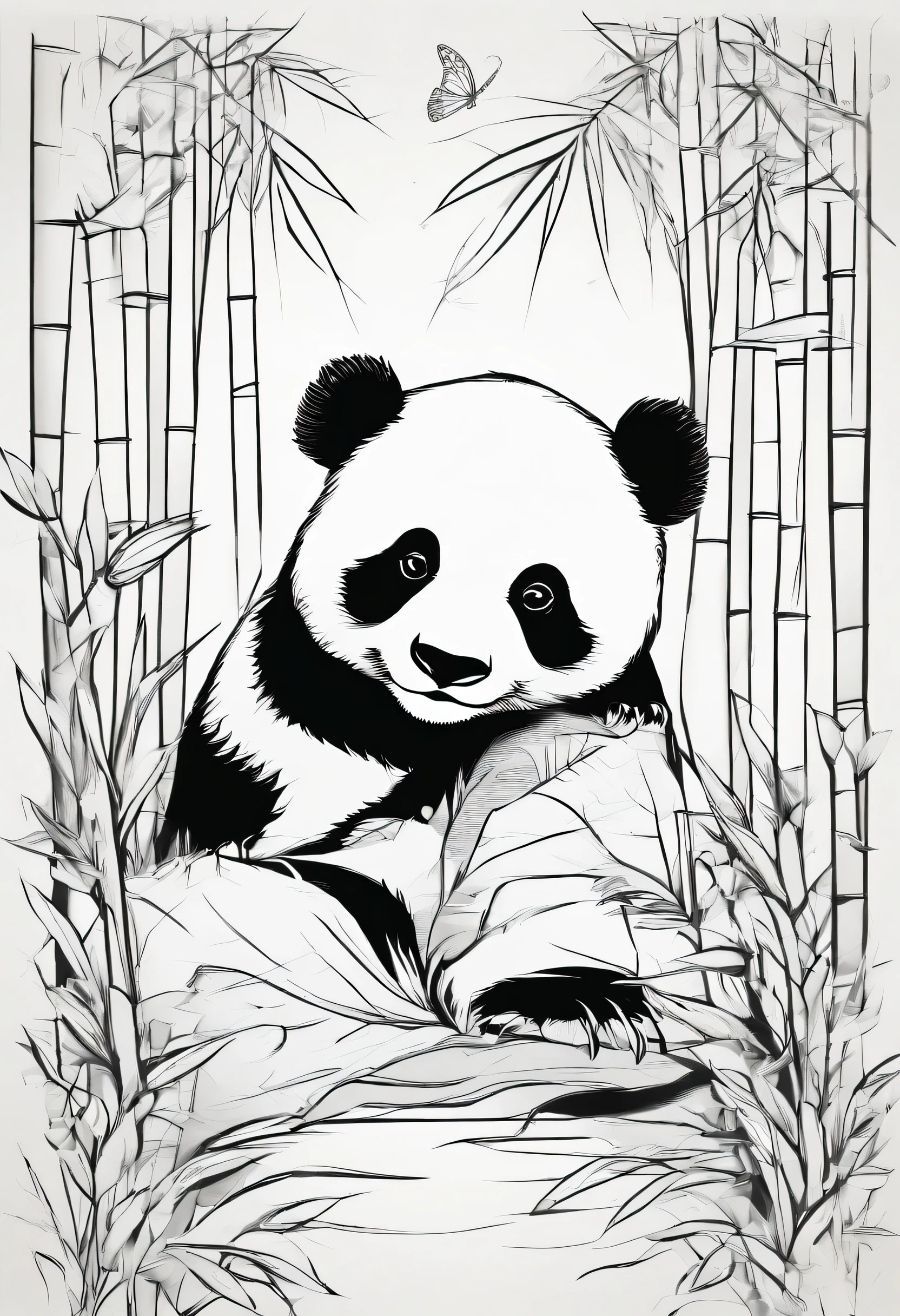 A cute panda nestled among bamboo stalks, munching on fresh green leaves while butterflies flutter around in a serene forest clearing.