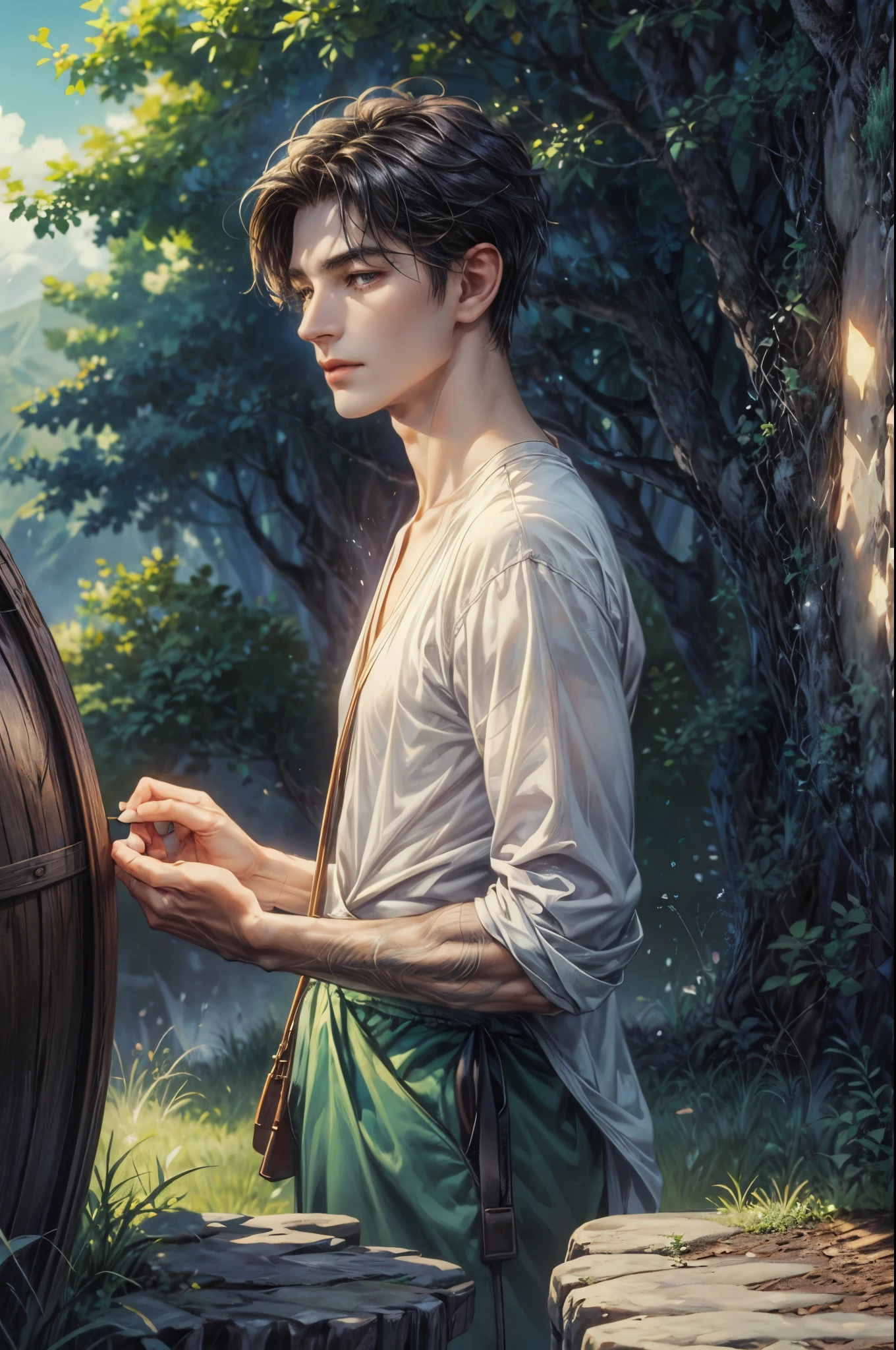 ((Best quality)), ((masterpiece)), (detailed), ((perfect face)), ((halfbody)) Amidst a tranquil slumps, a handsome young character from saga frontier 2, resides in a cozy home, where he channels his creative energy into capturing the enchanting harmony between nature and his inner world. As day turns to night, the moonlight envelops his canvas, revealing a breathtaking masterpiece that embodies the essence of his soul's journey and the beauty he discovers within himself."