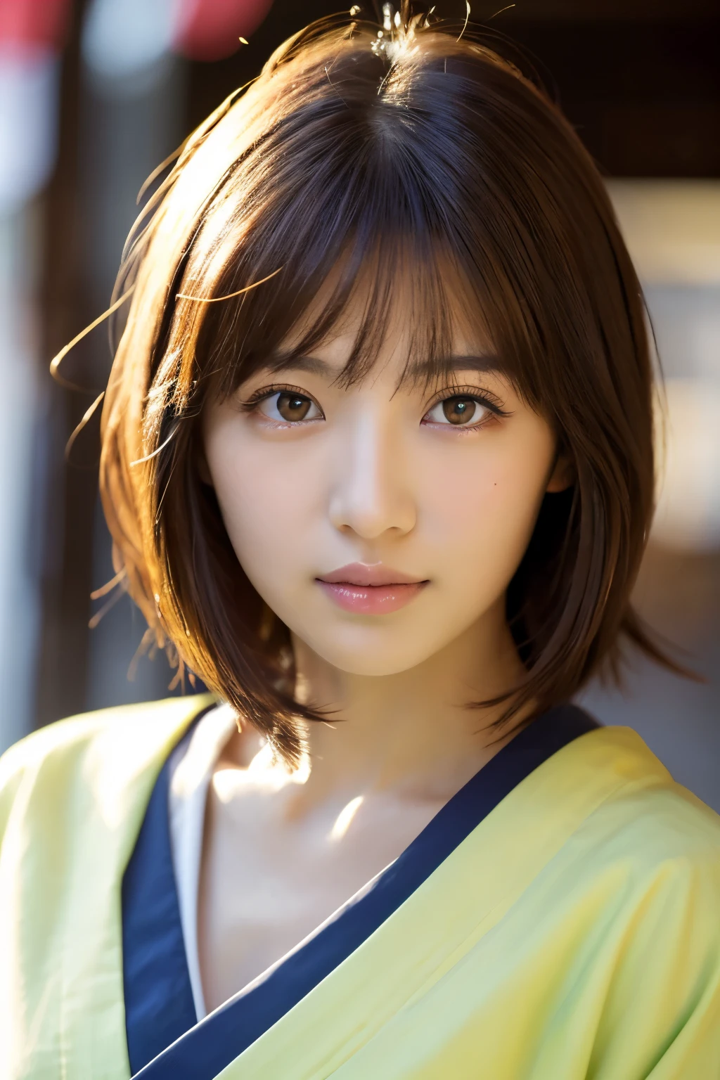 masterpiece、highest quality、High resolution、table top、wallpaper、realistic、bright lighting、professional lighting、face light、smooth lighting、japanese woman、adult woman、Beautiful woman、、modeled、gravure、sexy、super beautiful、beautiful skin、beautiful and detailed eyes、detailed face、slim、Medium chest size~Big 、short hair、brunette colored hair、brown eyes、look at the camera、japanese kimono、Japanese Yukata、In Fair