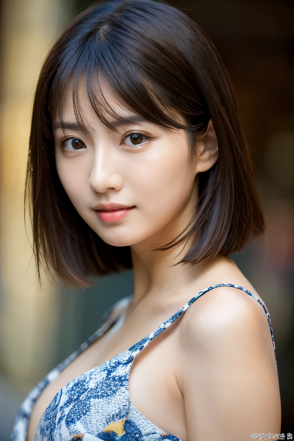 masterpiece、highest quality、High resolution、table top、wallpaper、realistic、bright lighting、professional lighting、face light、smooth lighting、japanese woman、adult woman、Beautiful woman、、modeled、gravure、sexy、super beautiful、beautiful skin、beautiful and detailed eyes、detailed face、slim、Medium chest size~Big 、short hair、brunette colored hair、brown eyes、look at the camera、japanese kimono、Japanese Yukata、In Fair