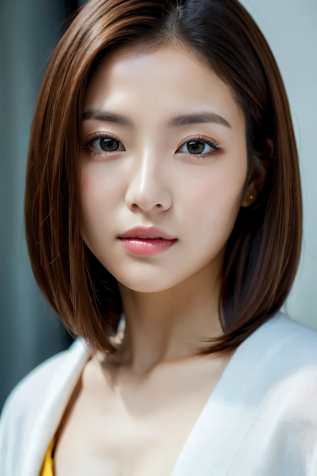 masterpiece、highest quality、High resolution、table top、wallpaper、realistic、bright lighting、professional lighting、face light、smooth lighting、japanese woman、adult woman、Beautiful woman、、modeled、gravure、y、super beautiful、beautiful skin、beautiful and detailed eyes、detailed face、slim、Medium chest size～Big 、short hair、brunette colored hair、brown eyes、look at the camera、japanese kimono、Japanese Yukata、In Fair
