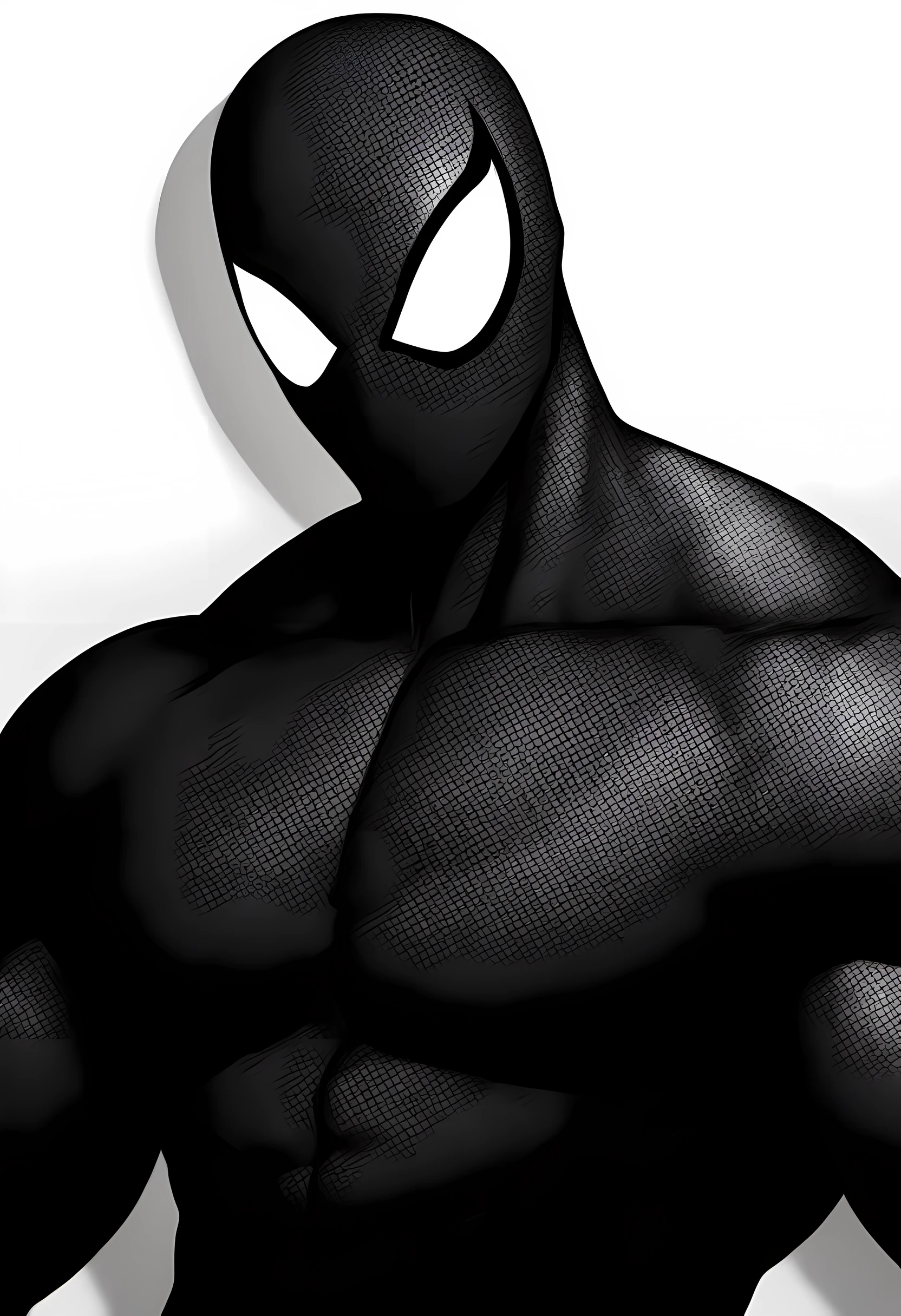 anime characters:Black Spider-Man, Muscular Spider-Man, male focus, Upper body, buzz clip, He is wearing black tights, small grid texture, spiderman mask, Spider-Man logo, muscular man, extra large breasts, only, alone, White background, Simple background, amazing quality, best aesthetics, ridiculous, short hair, shadow, best quality