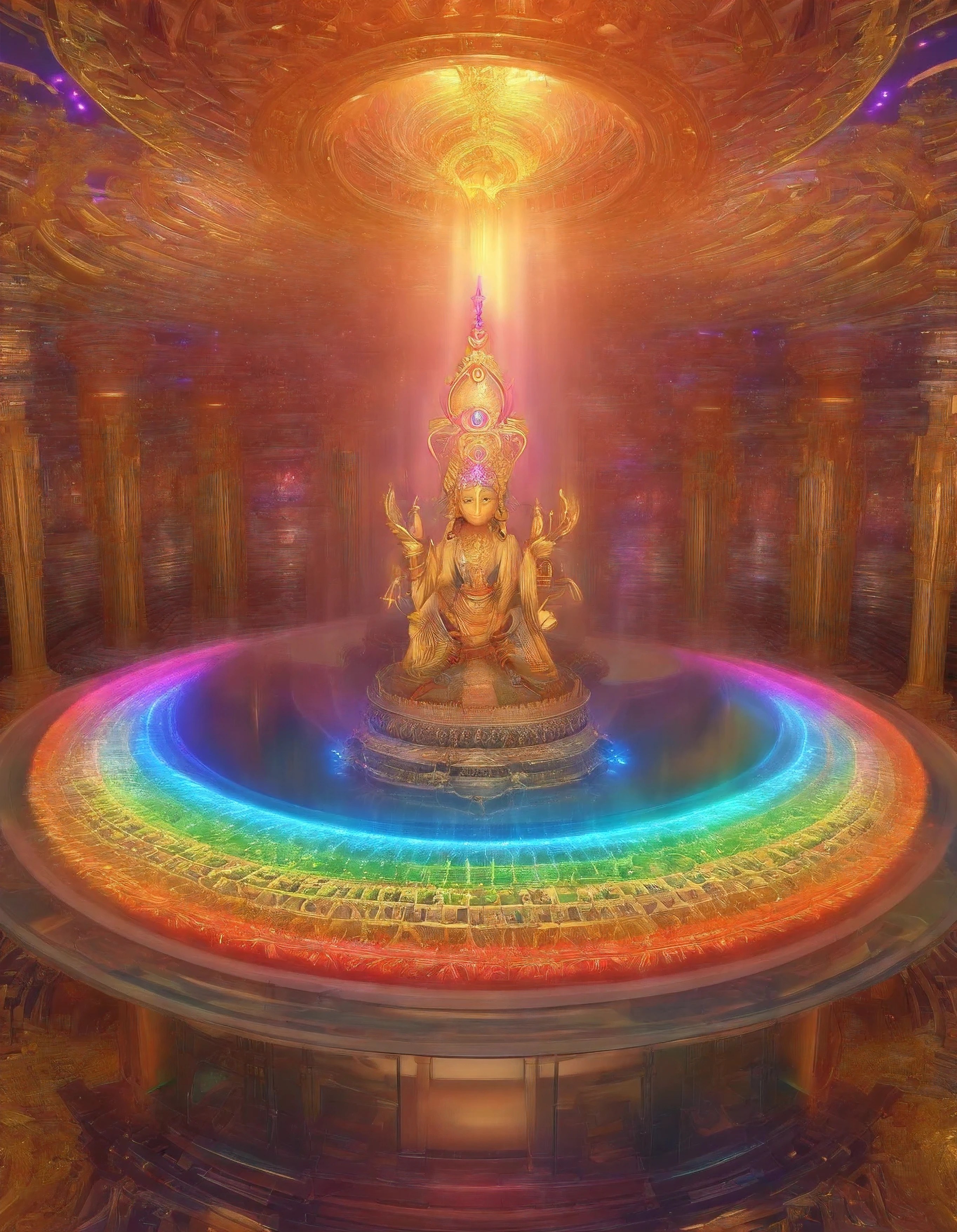 Rainbow-colored aura from the monk in the back, mandala style, germ of art, Well image, Gombi, visual harmony, mysterious mechanism, queen core