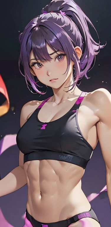 (8K、highest quality、masterpiece:1.2)、anime coloring、super resolution、Realistic、(1girl) 、(purple gradient hair,ponytail)、long straight hair,(red eyeuscle pose),(forehead:1.2),(face focus,upper body),(black sports bra,string panties :1.3)、(clear face:1.3),(cute face)、(oil skin:1.6),(small breasts),gradient background、(muscular:1.6)、