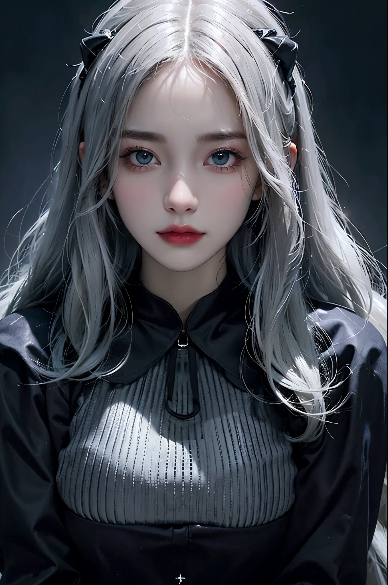 (close up:1.3), (split:1.3), Volumetric lighting、The facial details are particularly rich、1 girl、dark、deep shadow、low profile、cowboy shooting、(Formula service:1.4)、hair length、white hair, huge saggy breeasts, off-shoulders top