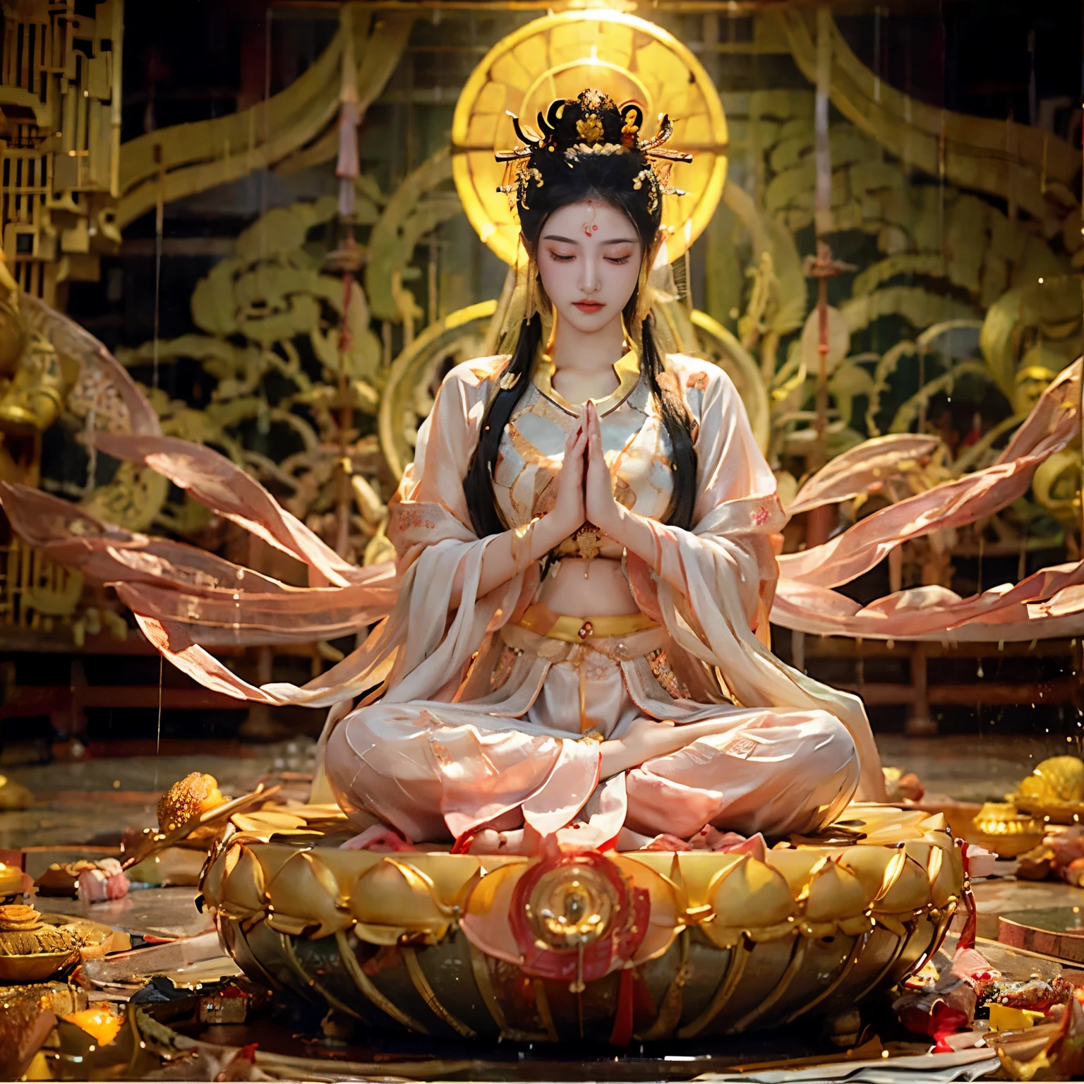 Sexy Zen female Guanyin wearing transparent thin pajamas，The whole body is drenched in sweat, Detailed face, Sitting cross-legged on a round lotus platform and meditating, （She clasped her hands together），It&#39;s raining heavily around you, Symbolizes peace and relaxation. ,The background is a natural and active painting、Quotes for inner happiness and prosperity, photic