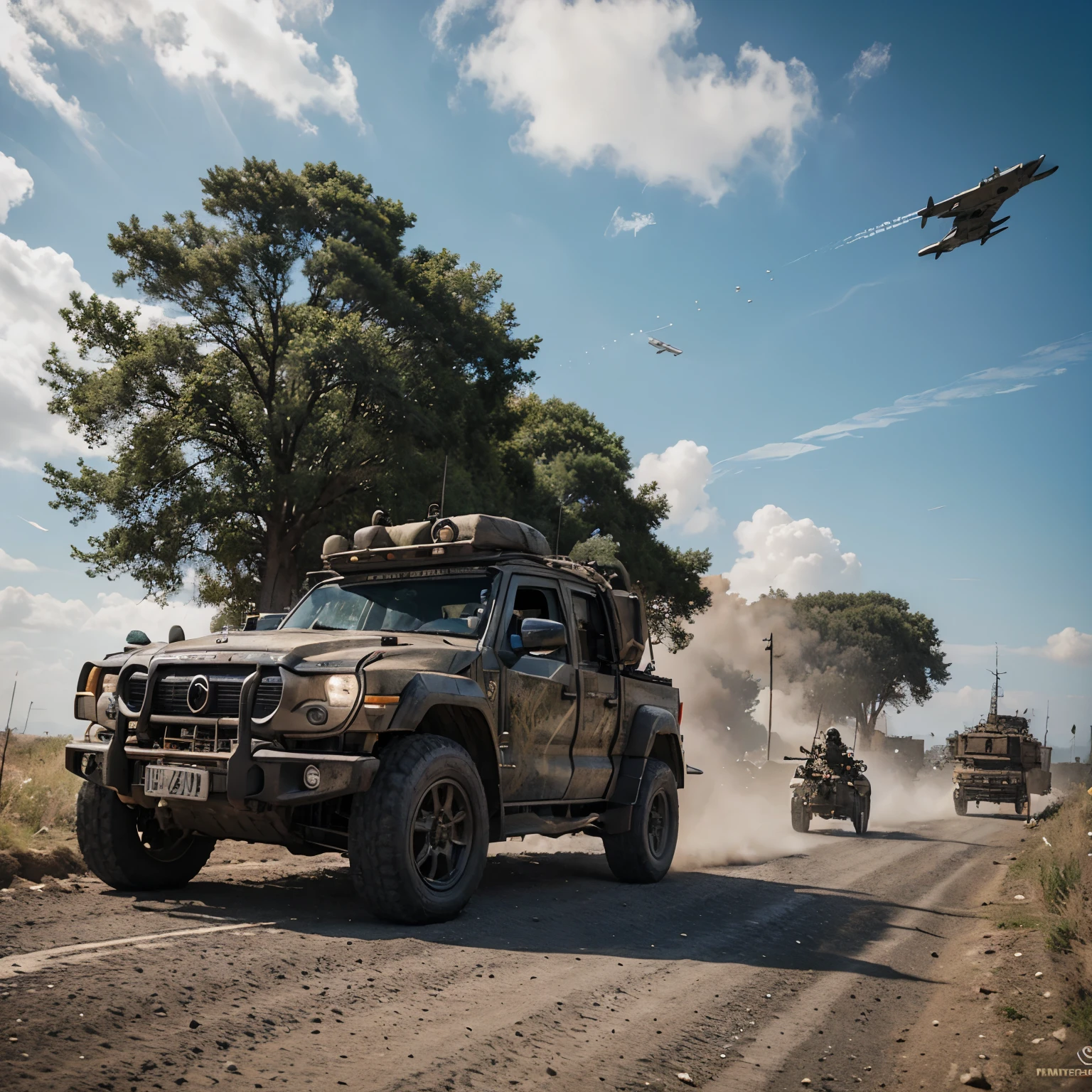 Um grupo de fantasmas caminhando junto, com tanques de guerra, cavalry and artillery and some jets passing in the sky.