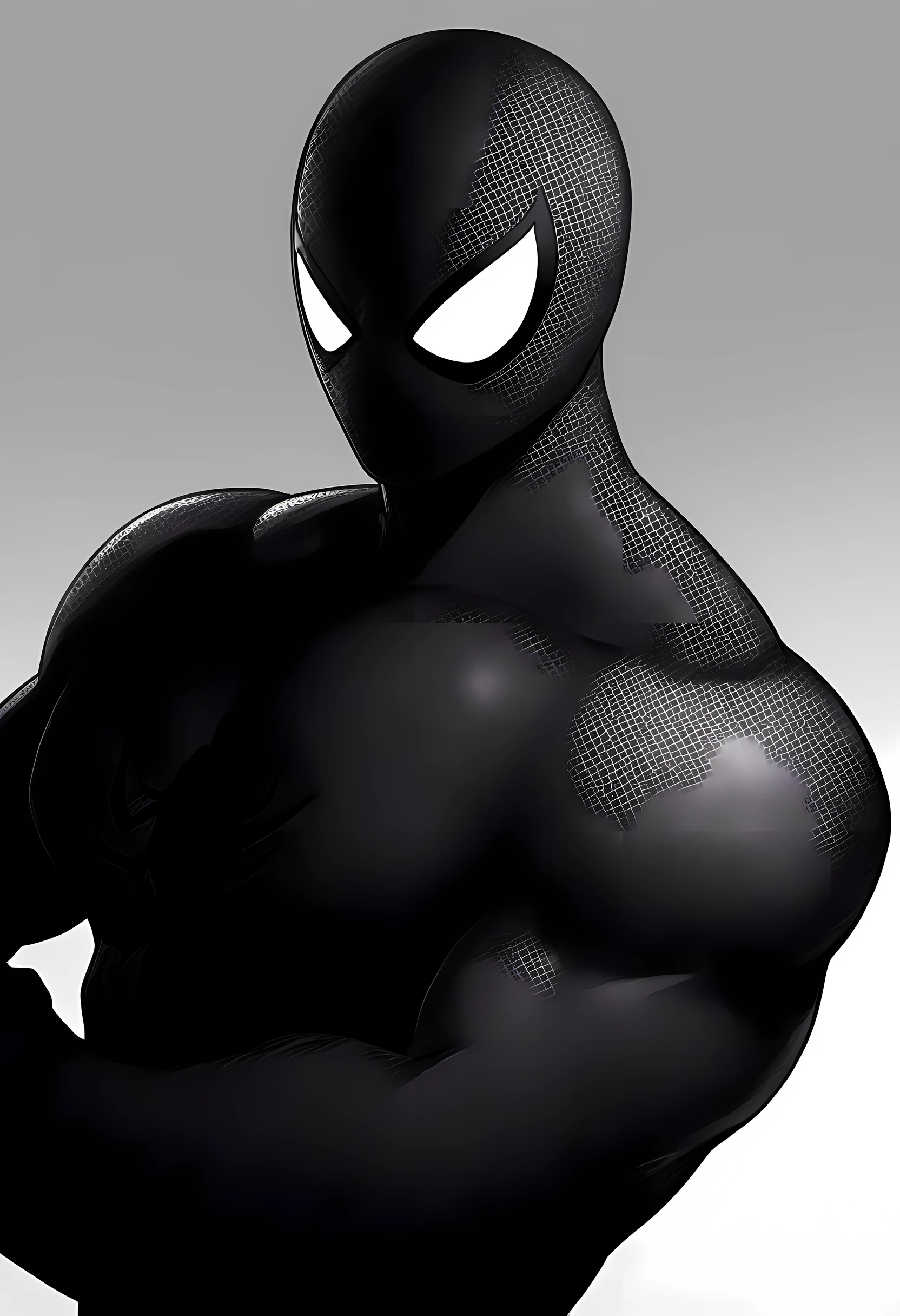 anime characters:Black Spider-Man, Muscular Spider-Man, male focus, Upper body, buzz clip, He is wearing black tights, small grid texture, spiderman mask, Spider-Man logo, muscular man, extra large breasts, only, alone, White background, Simple background, amazing quality, best aesthetics, ridiculous, short hair, shadow, best quality