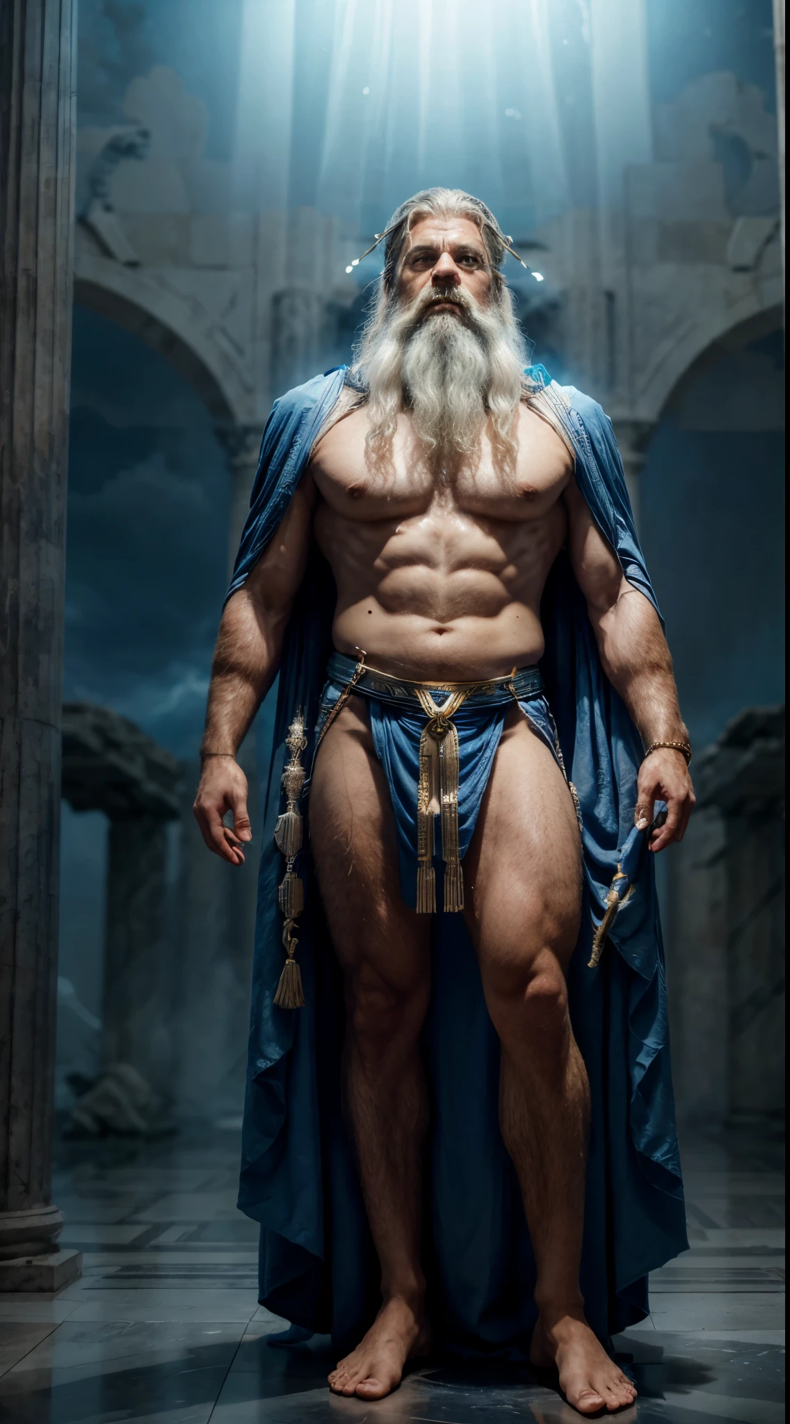 Zeus,alone,tired,powerful old god, long white washed wizard's beard,in a Royal Blue toga,robotic leg,leaning on thunder,piercing look,detailed background,detailed face,greek mythology theme,eternity,standing still,bloom light aura,epic atmosphere,ancient deity,waiting in time,wormed out god