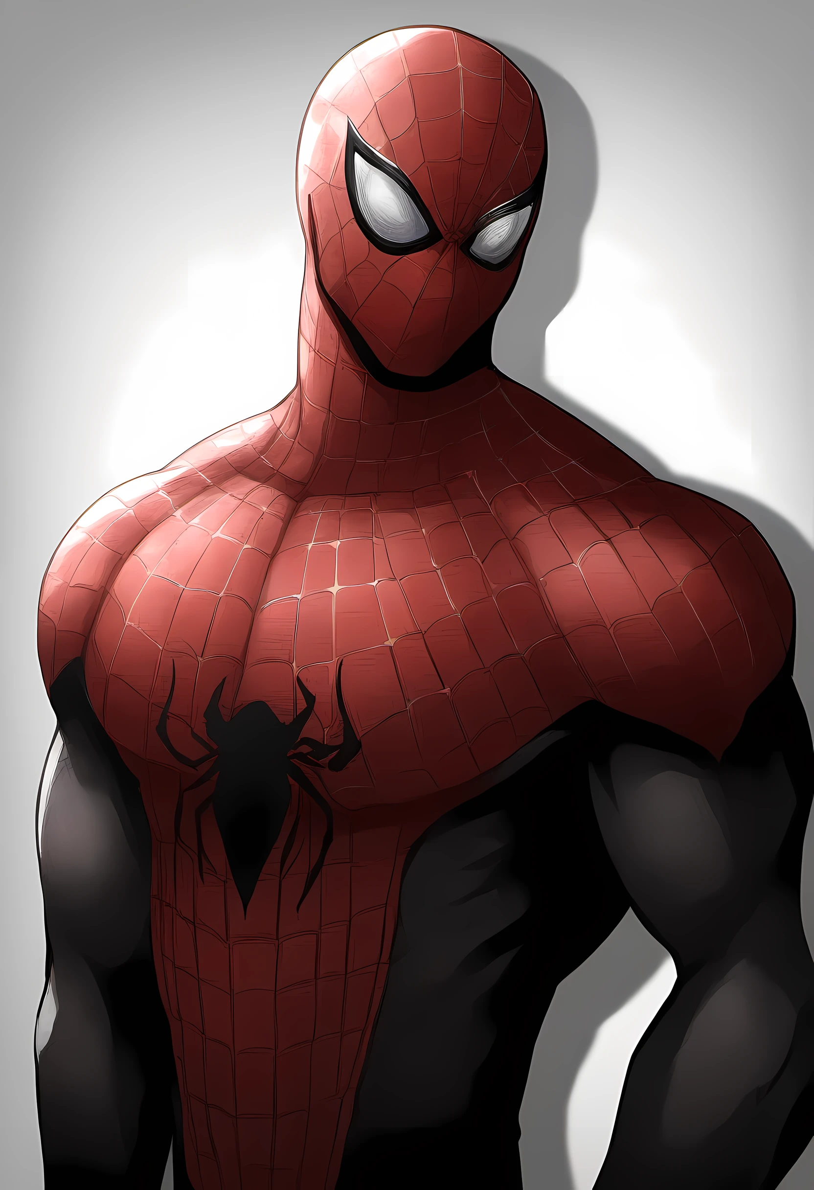 anime characters:Black Spider-Man, Muscular Spider-Man, male focus, 没有Spider-Man logo, Upper body, buzz clip, He is wearing black tights, small grid texture, spiderman mask, Spider-Man logo, muscular man, extra large breasts, only, alone, White background, Simple background, amazing quality, best aesthetics, ridiculous, short hair, shadow, best quality