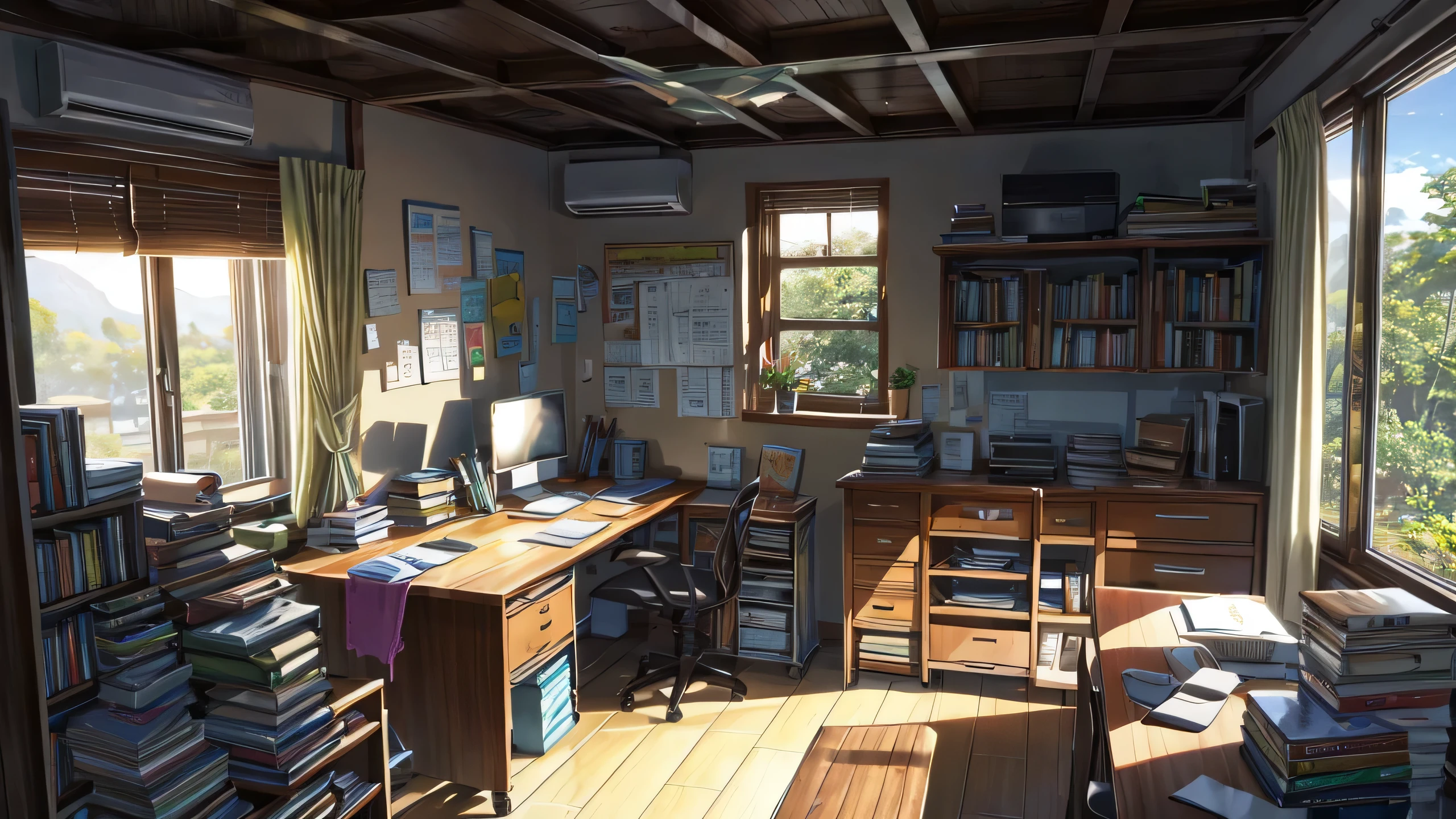 Uma mesa com um laptop aberto, scattered papers and a cup of tea next to, com uma estante de livros e uma planta ao fundo com um garoto estudando