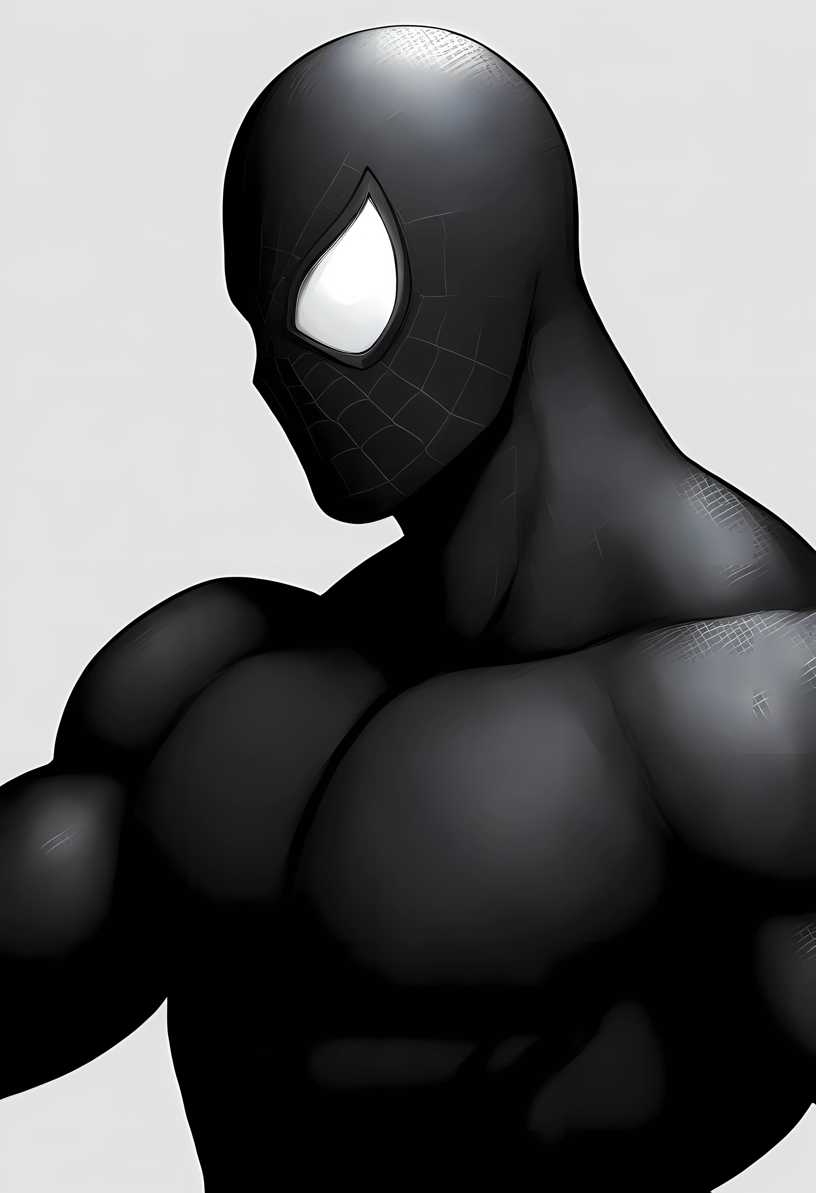 anime characters:Black Spider-Man, Muscular Spider-Man, male focus, 没有Spider-Man logo, Upper body, buzz clip, He is wearing black tights, small grid texture, spiderman mask, Spider-Man logo, muscular man, extra large breasts, only, alone, White background, Simple background, amazing quality, best aesthetics, ridiculous, short hair, shadow, best quality