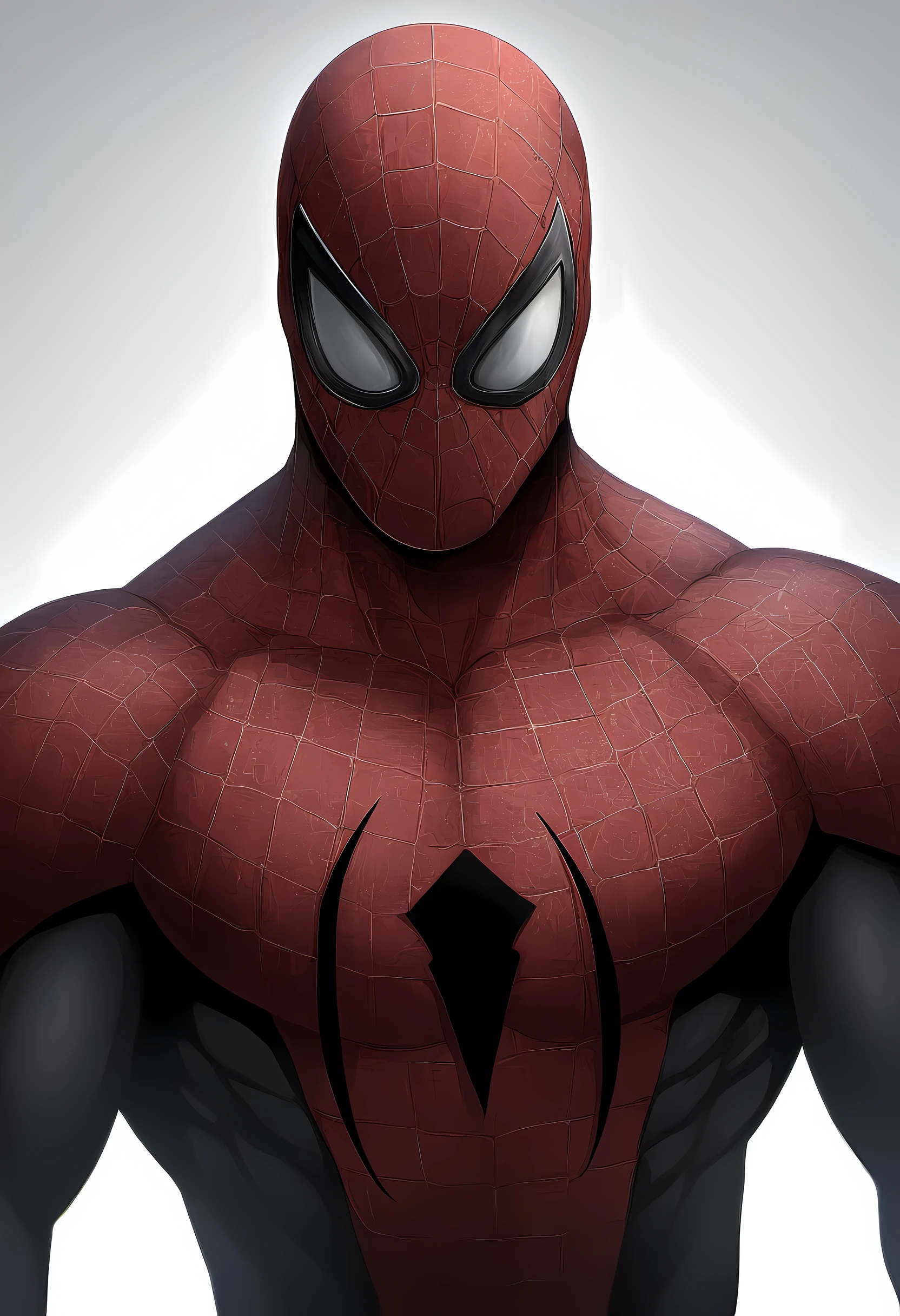 anime characters：Spider-Man, Muscular Spider-Man, male focus, No Spider-Man Logo, Upper body, Buzz Cut, eyes are sad shape, aged leather texture, He wears a black tights, small grid texture, spiderman mask, Spider-Man logo, muscular male, Extra large breasts, only, alone, White background, simple background, amazing quality, best aesthetics, Ridiculous, crew cut, drop shadow, best quality