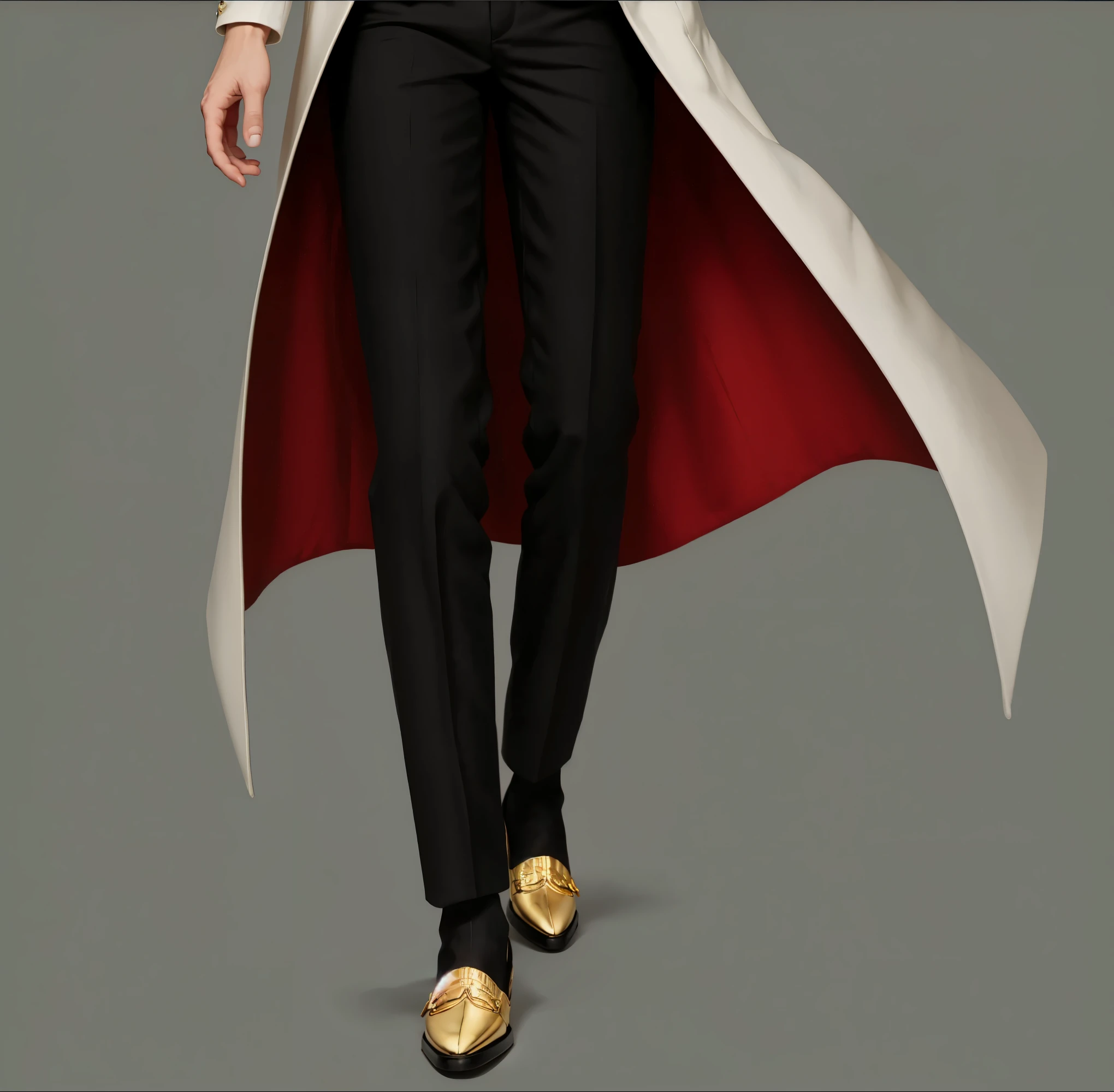reference sheet: 1.8, great details, high quality, masterful work, Tall Boy, Beautiful face, long pants, art in bootasterpiece, A high resolution, high quality: 1.2), complex parts, cinematic lighting, clear focus, depth of field, White coat, black pants, black shoes with gold toe, Gold Elements, brunette, an aristocrat, black and gold shoes 
