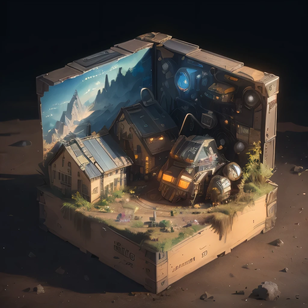 6598年Mars realistic model, (Bifurcation, original photo, best quality, masterpiece:1.4),Steampunk Cyberpunk 6820 City,(CyberpunkMars light:1.3), Mars (related to land),(in a small nature box:1.3),Isometric, small nature, landscape on foundation,landscape,