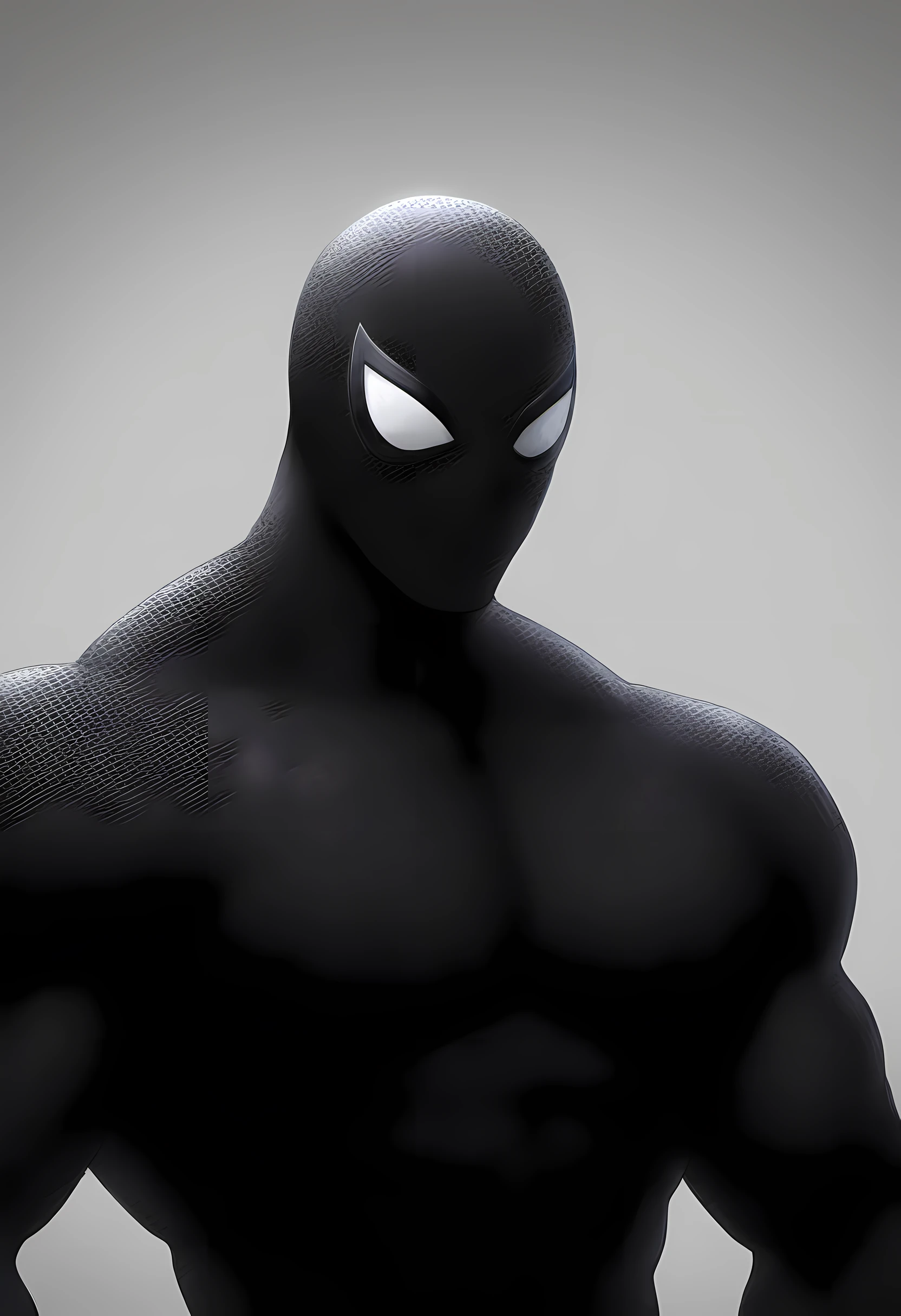 anime characters:Black Spider-Man, Muscular Spider-Man, male focus, 没有Spider-Man logo, Upper body, buzz clip, He is wearing black tights, small grid texture, spiderman mask, Spider-Man logo, muscular man, extra large breasts, only, alone, White background, Simple background, amazing quality, best aesthetics, ridiculous, short hair, shadow, best quality