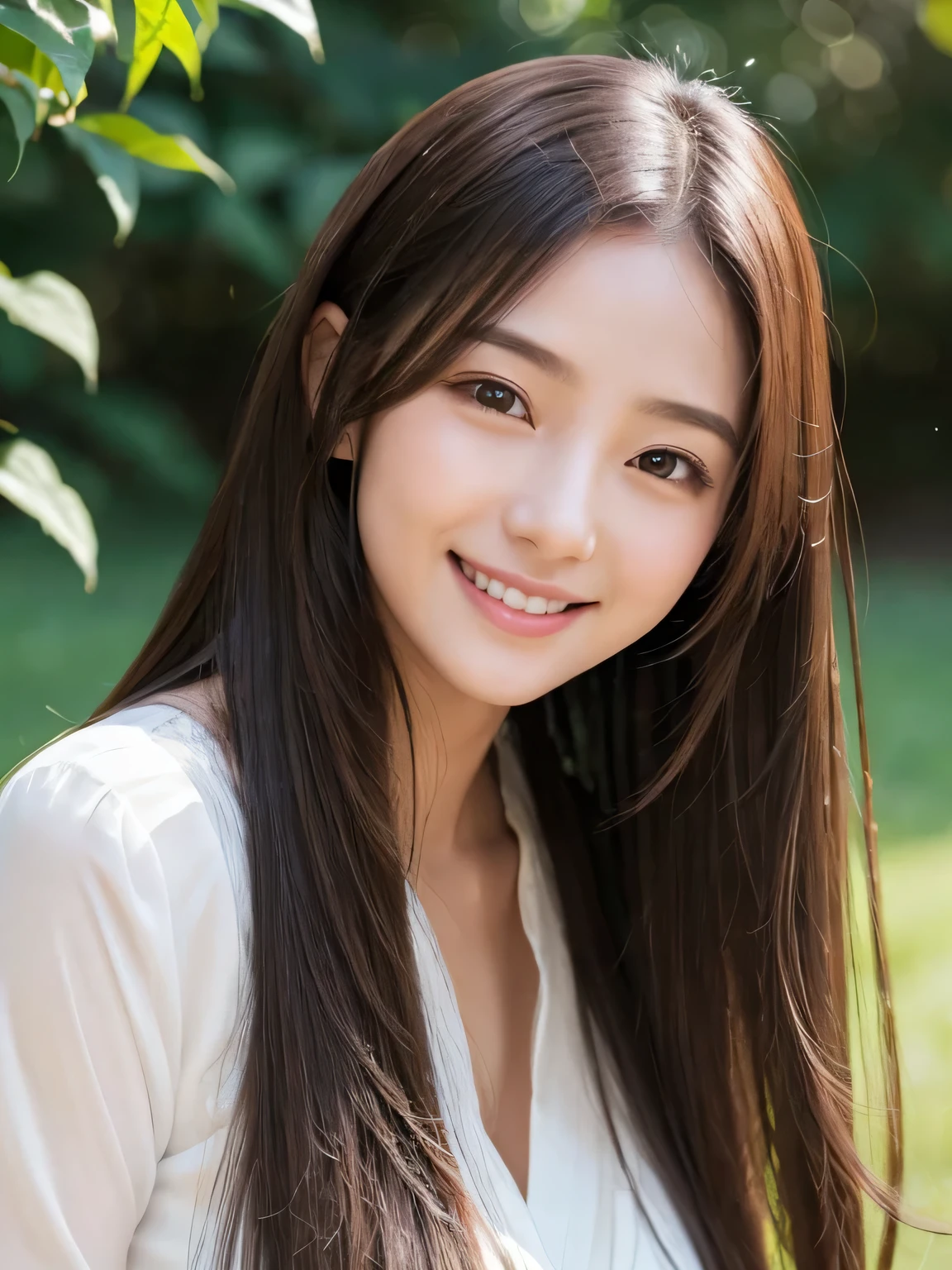 ((smile))、young woman with beautiful long hair。i have thick hair、Has a soft texture and shine。The face has an elegant and symmetrical shape.、Impressive soft contours。he has calm eyes、Your eyes exude compassion and warmth...。Eyebrows are shaped into a natural shape、improve facial features。skin becomes transparent、Gives a smooth and healthy glow。A gentle smile appeared on her face、Gives peace of mind and peace to the viewer。