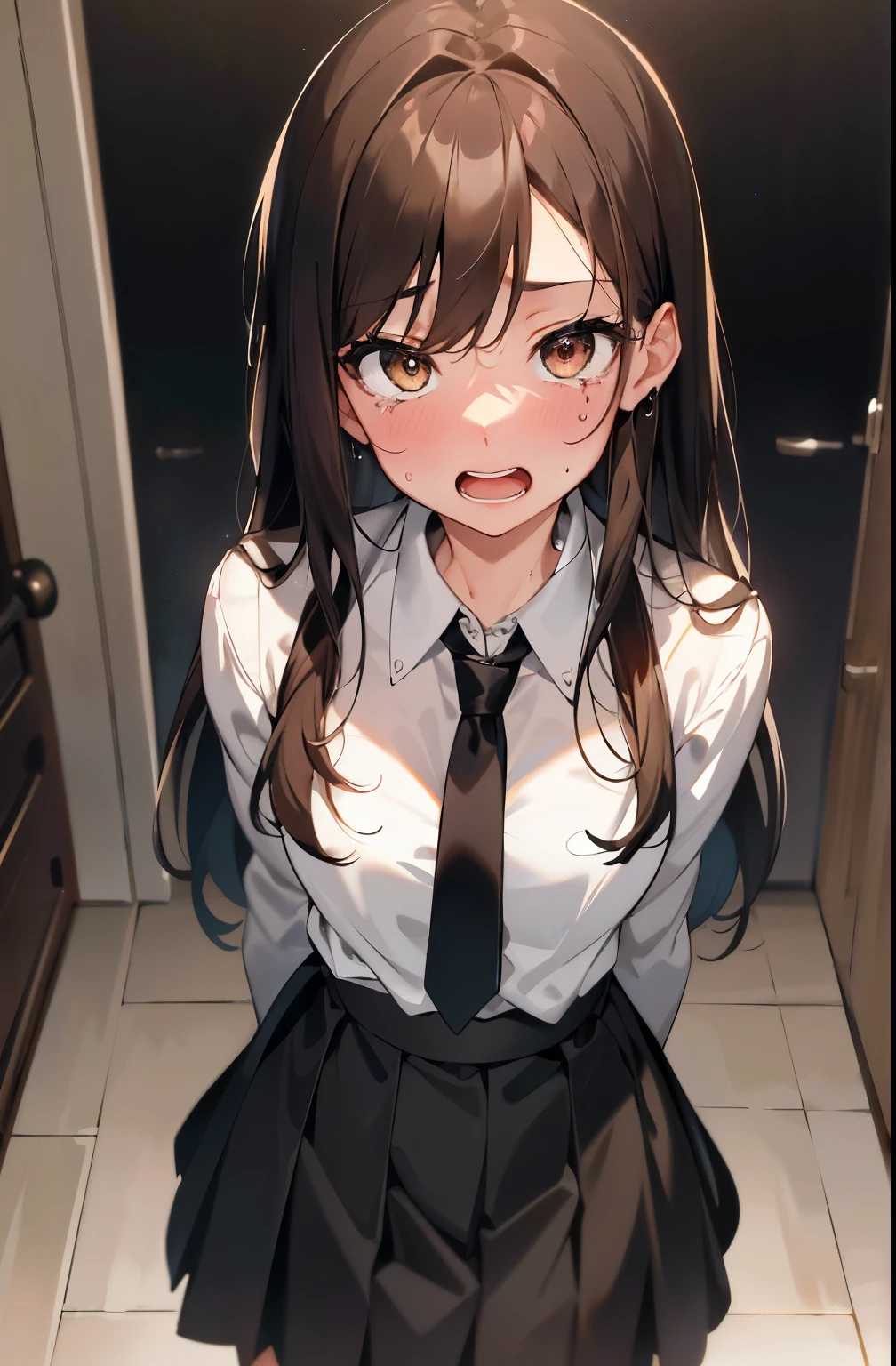 ({ masterpiece : best quality : high resolution : unity 8k wallpaper : illustration : extremely detailed face : perfect lighting : extremely detailed CG : perfect anatomy } { background = horror theme : dark room} { character = solo : long hair : light brown hair : white shirt : black tie : skirts : fit body : open mouth : pain : screaming : pov face closed up : tears : sweating : standing : terrified : scared : looking at viewer  }