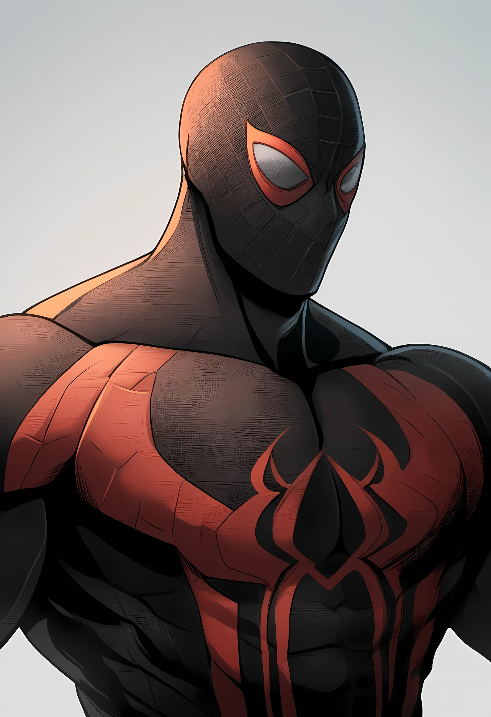 anime characters：Black Spider-Man, Muscular Spider-Man, male focus, 没有Spider-Man logo, Upper body, buzz clip, He is wearing black tights, small grid texture, spiderman mask, Spider-Man logo, muscular man, extra large breasts, only, alone, White background, Simple background, amazing quality, best aesthetics, ridiculous, short hair, shadow, best quality