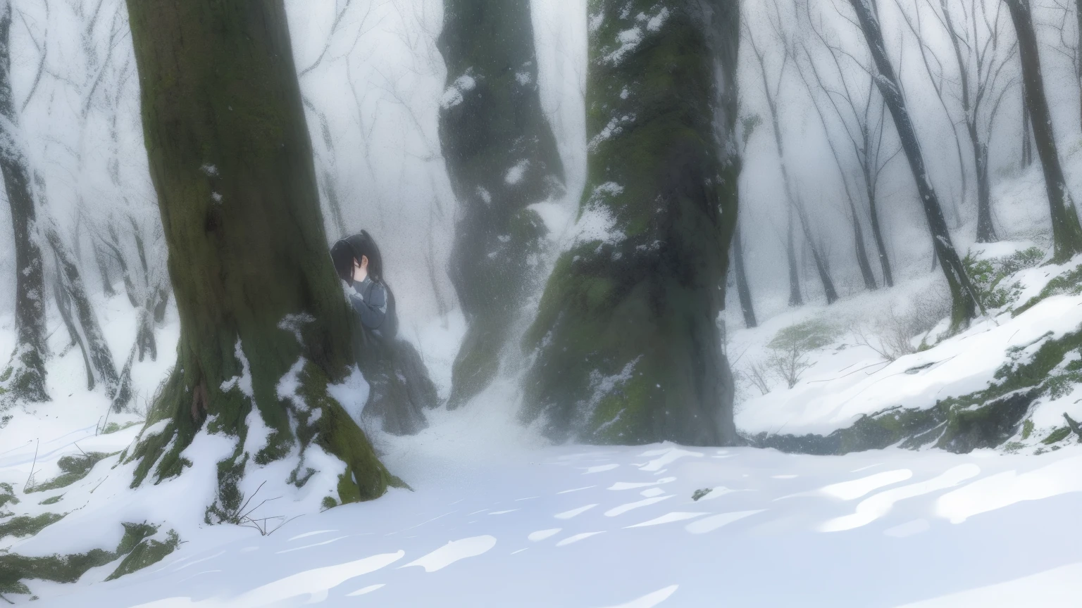 girl, surreal art、Masseter muscle part、sottle woman、shortcut、natural color clothes、natural look、highest quality、super detailed、high quality details、8k、snow mountain:1.5、winter forest、Tree leakage day、silence