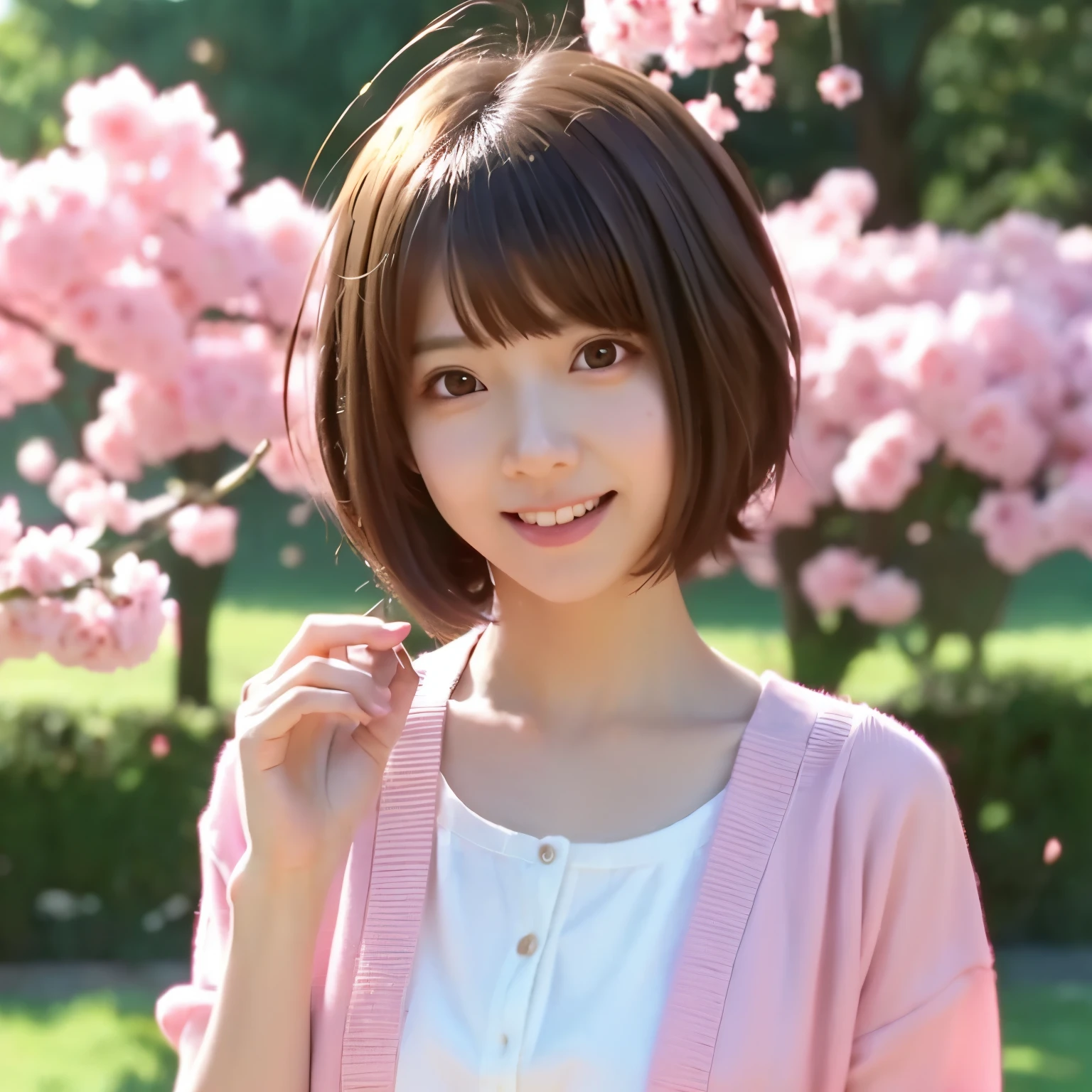 ((Anime style: 1.1, Cute girl: 1.5, Emphasis on short bob hair: 1.3)), Blossoming cherry trees: 1.2, Clear blue sky: 1.2, White blouse: 1.1, Pink plaid miniskirt: 1.1, Red cardigan: 1.1, Black Mary Janes: 1.1, Rosy cheeks: 1.2, Big bright eyes: 1.4, Expressive eyebrows: 1.2, Chibi appearance: 1.1, Playful expression: 1.2

((Best quality, 8k, Anime