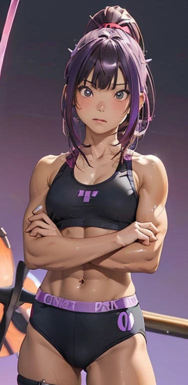 (8K、highest quality、masterpiece:1.2)、anime coloring、super resolution、Realistic、(1girl) 、(purple gradient hair,ponytail)、(contrapposto,crossed arms),long straight hair,(red eye),(forehead:1.2),(face focus,cowboy shot),(black sports bra,string panties :1.3)、(clear face:1.3),(cute face)、((oil skin:1.6)),(small breasts),gradient background、(muscular:1.6)、
