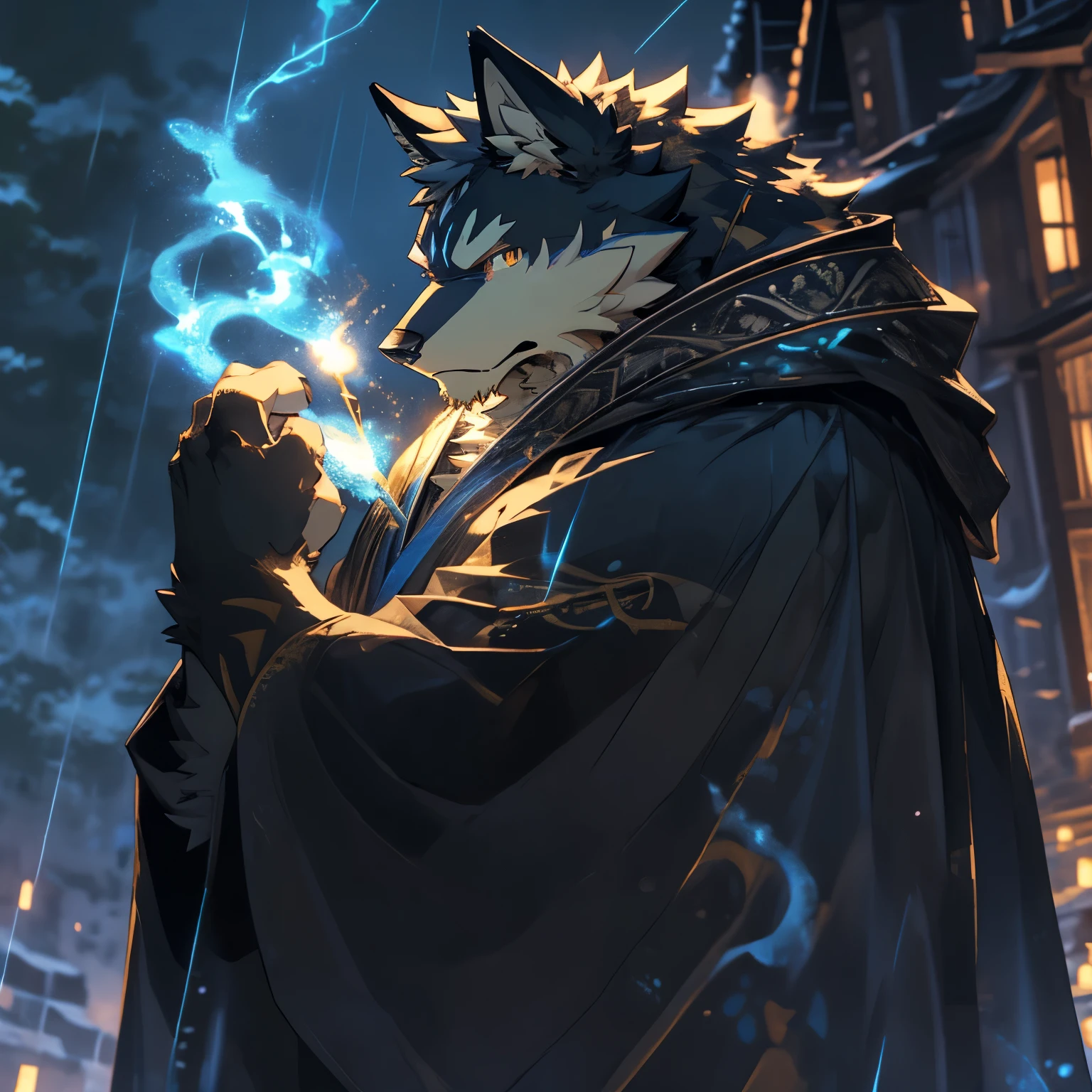 ((best quality)), ((masterpiece)), (detailed), perfect face,solo,kemono,night,fantasy,rainy,thunder,black fur,golden stripes,anthro black wolf.wore a robe that hugged his muscular frame, with a long blue cloak draped over his shoulders.golden eyes,magic,wizard