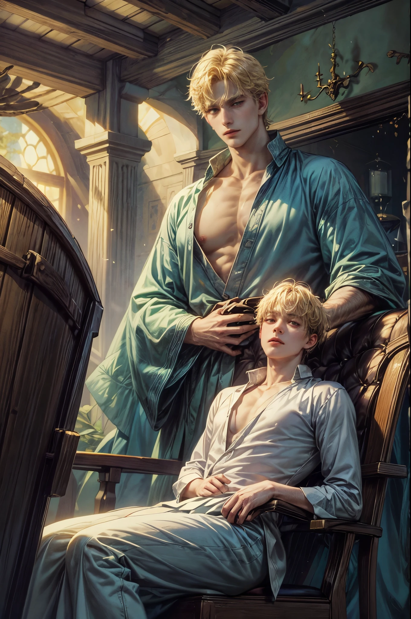((Best quality)), ((masterpiece)), (detailed), ((perfect face)), ((halfbody)) Amidst a tranquil slumps, a handsome young blonde character from saga frontier 2, resides in a cozy home, where he channels his creative energy into capturing the enchanting harmony between home and his inner world. As day turns to night, the moonlight envelops his canvas, revealing a breathtaking masterpiece that embodies the essence of his soul's journey and the beauty he discovers within himself."