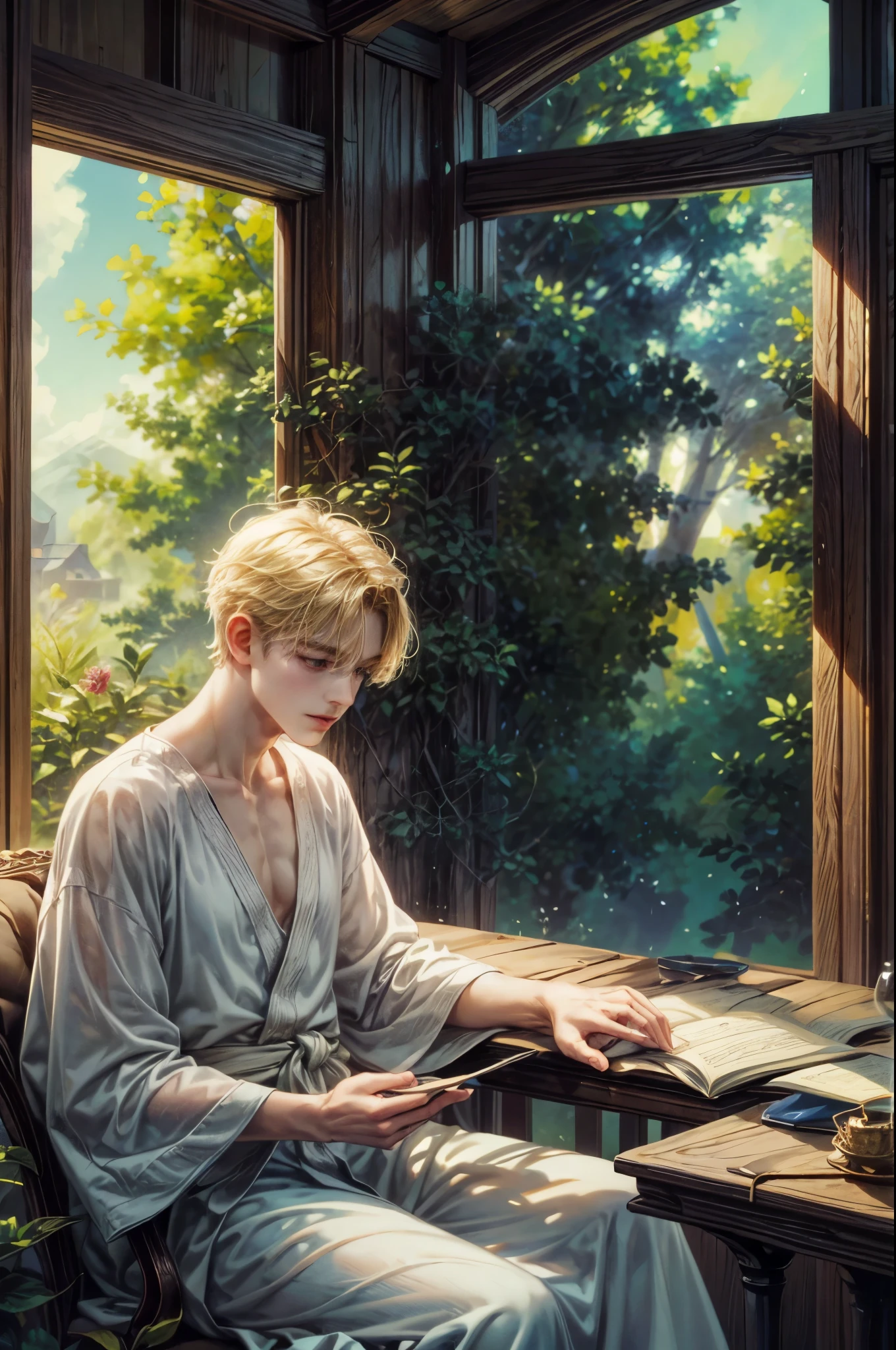 ((Best quality)), ((masterpiece)), (detailed), ((perfect face)), ((halfbody)) Amidst a tranquil slumps, a handsome young blonde character from saga frontier 2, resides in a cozy home, where he channels his creative energy into capturing the enchanting harmony between home and his inner world. As day turns to night, the moonlight envelops his canvas, revealing a breathtaking masterpiece that embodies the essence of his soul's journey and the beauty he discovers within himself."