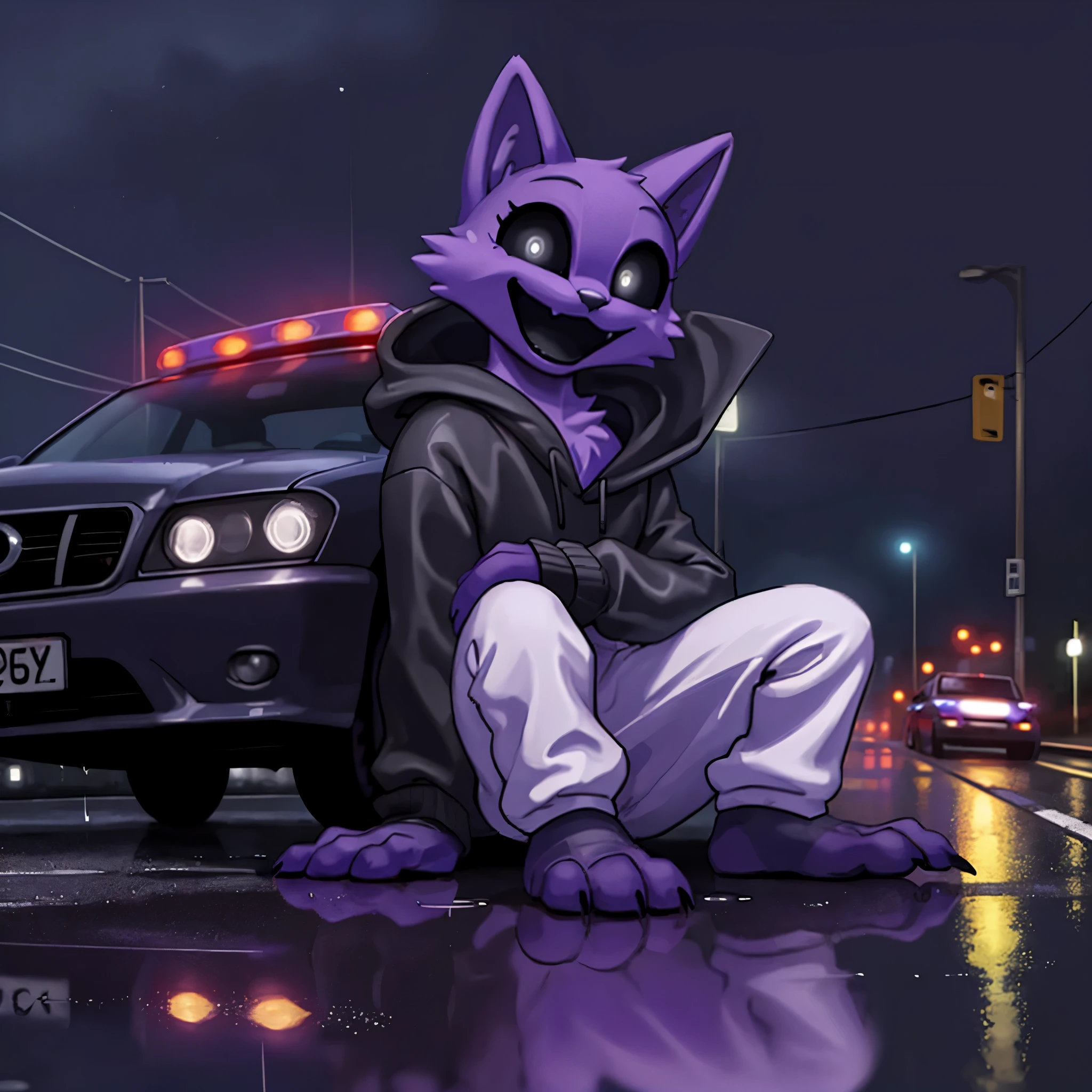 1person, purple cat with black eyes, black mouth, sitting on the road, leaning on the car, solo, full body, long legs, night,horrors, (SFW) safe to work, sfw version, large veins, in a black hoodie, smiling, black mouth and eyes, sitting on wet asphalt,(white big sweatpants), leaning on a white police car, the side of the machine, heavy rain, puddles,reflection of flashing lights, reflections,The cover of the weeken,night