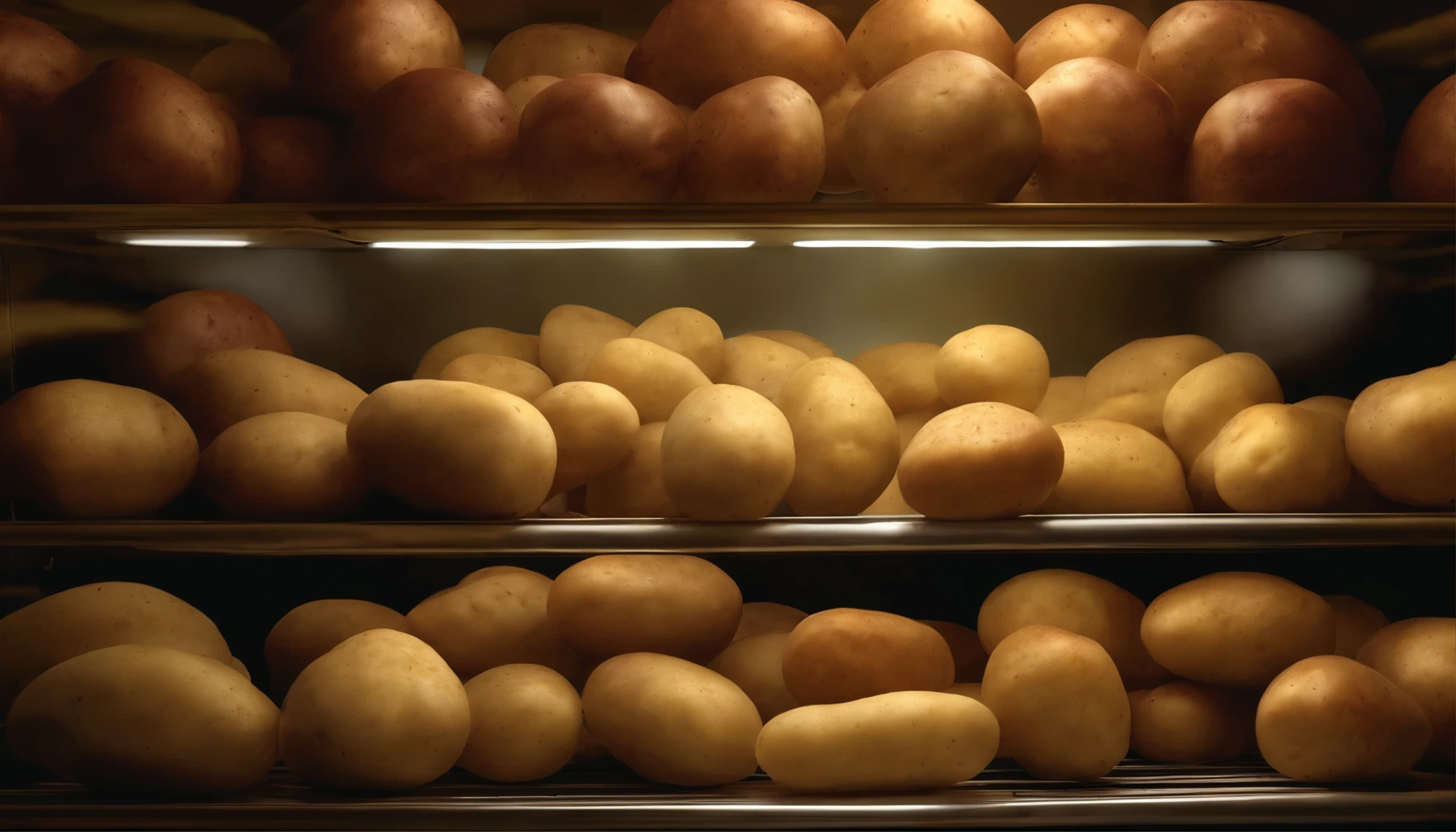 A refrigerator full of brown potatoes　kitchen