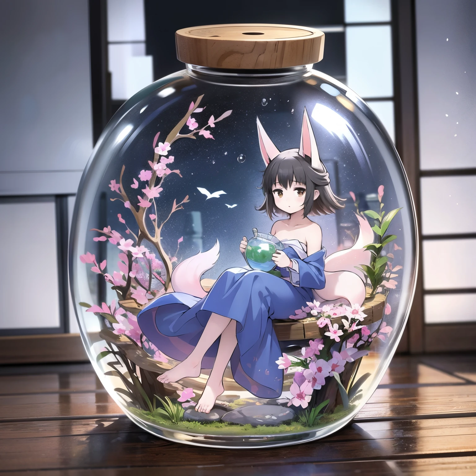 masterpiece, 最high quality, high quality, Highly detailed 8K wallpaper,room、aquarium、big urn、（one girl、Hasaha、fox ears、kimono、small breasts、、、barefoot）、（One tail）、Four seasons discount々、（spring、summer、autumn、winter）、（Holding a crystal:1,2）、（Flowers of the four seasons 1.2）、Proudly、Life-size、flow of water、appreciating girl、（inside jar:1.6）、front of camera、By the window、moonlight