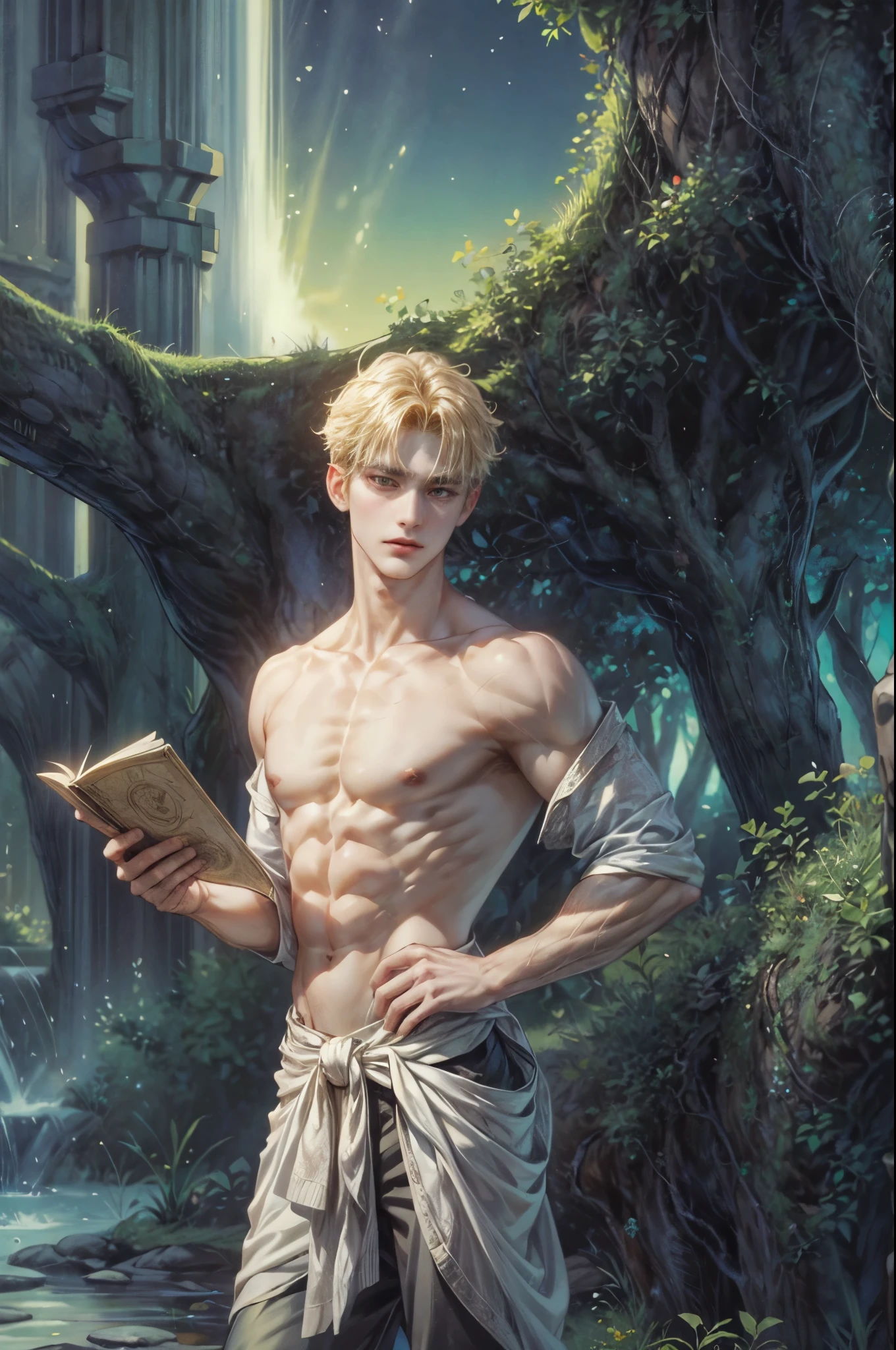 ((Best quality)), ((masterpiece)), (detailed), ((perfect face)), ((halfbody)) Amidst a tranquil slumps, a handsome young blonde character from saga frontier 2, resides in a cozy home, where he channels his creative energy into capturing the enchanting harmony between home and his inner world. As day turns to night, the moonlight envelops his canvas, revealing a breathtaking masterpiece that embodies the essence of his soul's journey and the beauty he discovers within himself."