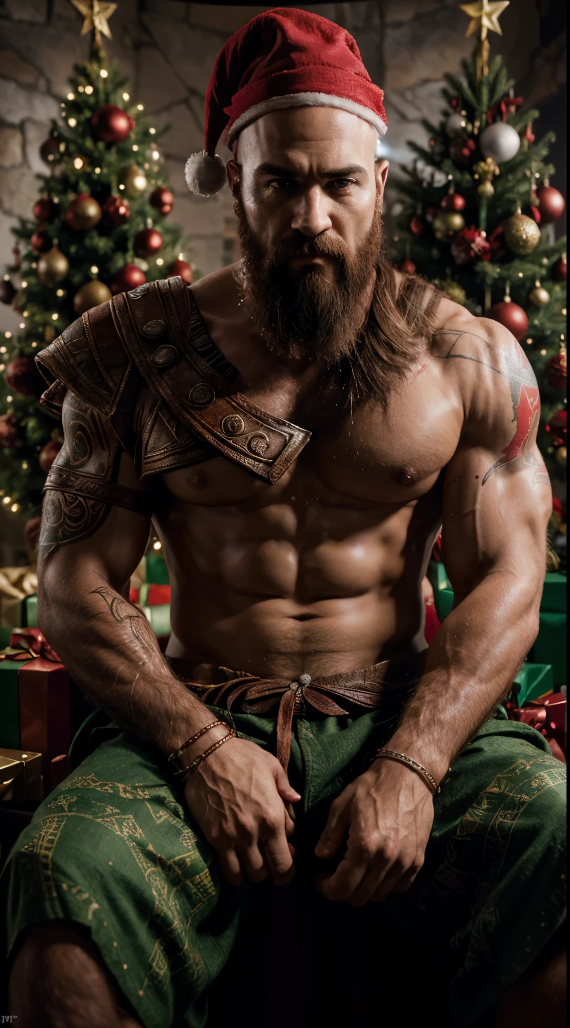 kratos from god of war game, sitting in front of a christmas tree, serious look, wearing a christmas hat, highly detailed, dynamic composition, dramatic light, cinematic, extremely fine detail, sincere, glowing, rich colors, beautiful surreal background, sharp, artistic, winning scenic full color, creative, positive emotional, cute, perfect balanced balance, very inspirational