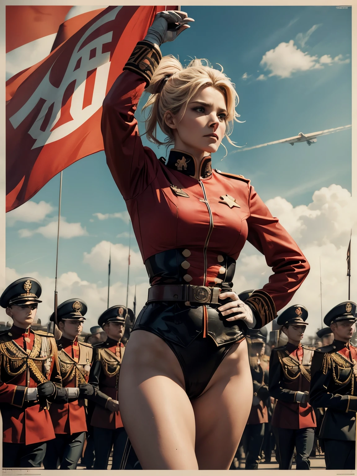 Communist propaganda poster, limited colour palette, showing Helen Skelton, hair in ponytail, grim expression, marching, looking up into the sky, skintight military leotard with epaulettes, saluting, one hand on hip, jets flying overhead in formation 