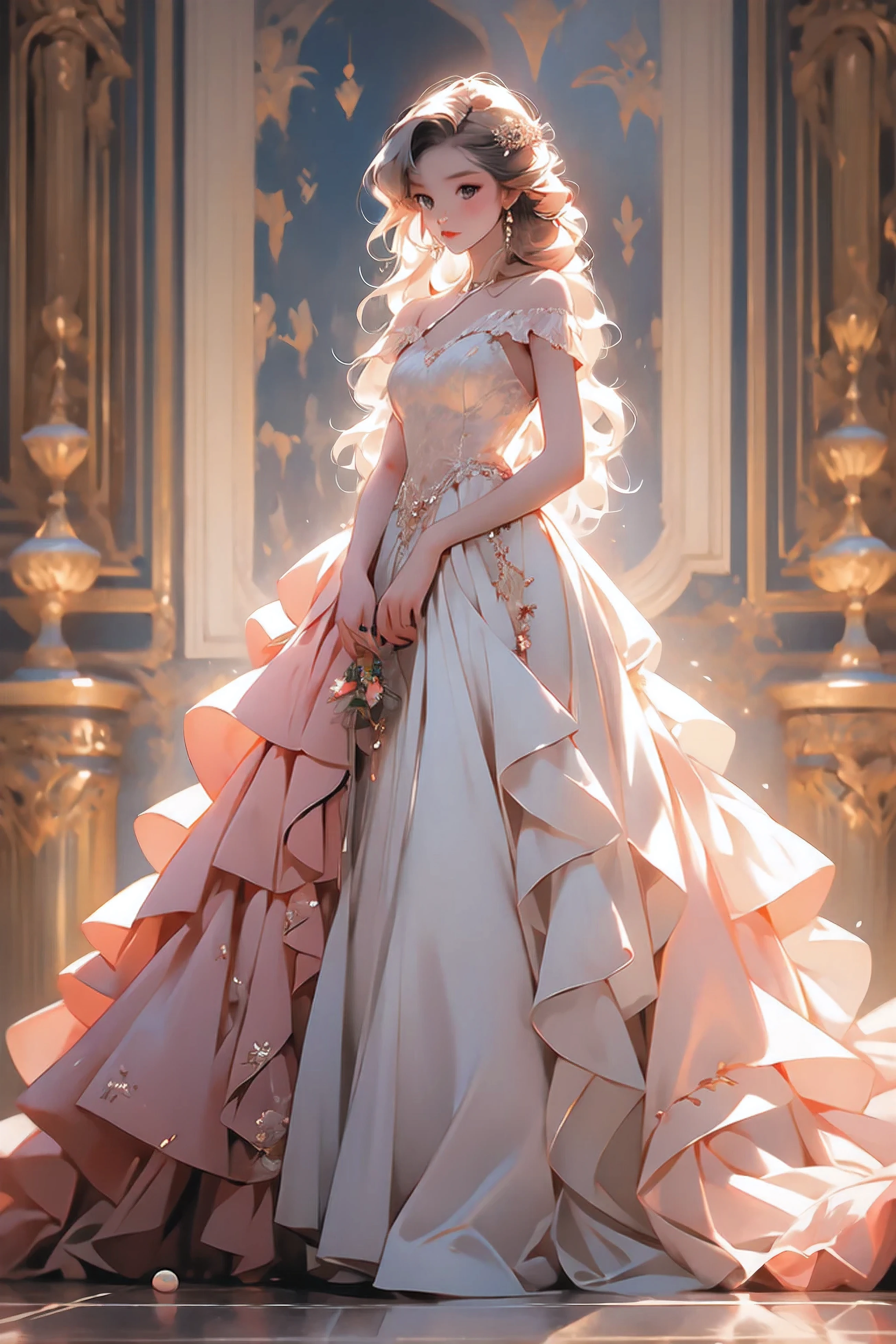 a very beautiful 19-year-old (in the film) young  with fair and flawless skin, beautiful strawberry hair , inticate braiding, blue eyes, pink lips, low light, full-length blue ball gown, standing in the Castle, holding her ball gown, average height, slender build, an hourglass figure, and a softly-shaped, kind face, full body, wide shot