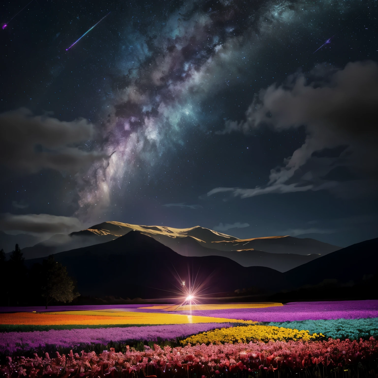 vast landscape photos,(A view of the sky and the wilderness below),Standing in the flower field and looking up,(full moon:1.2),(meteor:0.9),(nebula:1.3),distant mountains,The art of tree folding,(Warm light source:1.2),(firefly:1.2),Deng Deng,purple and orange,intricate details,Volumetric lightingBREAK(masterpiece:1.2), (highest quality),4K,Super delicate,(Dynamic configuration:1.4),Highly detailed and colorful details(rainbow colors:1.2),(sparkling lights,mood lighting),dream magic,magic,(solo:1.2)lake water