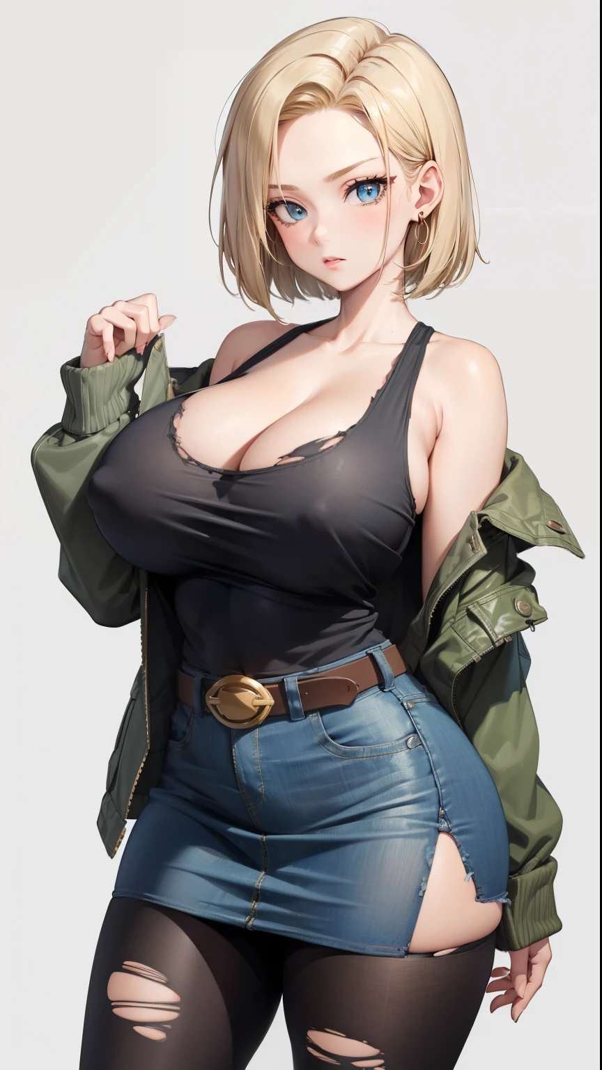 masterpiece, uncensored, tits, curvy, waifu, torn clothes, 1girl, android 18, breasts, torn shirt, torn legwear, blonde hair, skirt, jacket, torn sleeves, clothing cutout, rating:safe, solo, denim, cleavage, denim skirt, belt, shirt, long sleeves, bare shoulders, blue eyes, collarbone, off shoulder, denim jacket, green jacket, torn skirt, looking at viewer, torn pants, short hair, black shirt, medium breasts, pantyhose, belt buckle, large breasts, simple background, standing, hair intakes, open jacket, cleavage cutout, black legwear, tank top, pencil skirt, closed mouth, grey background, white background, buckle, cowboy shot, looking away, torn jacket, from above, miniskirt, black belt, open clothes, earrings, aqua eyes,(gigantic and massive tits:1.1), breasts, curvy milf, 1:2), closeup, titsnipples