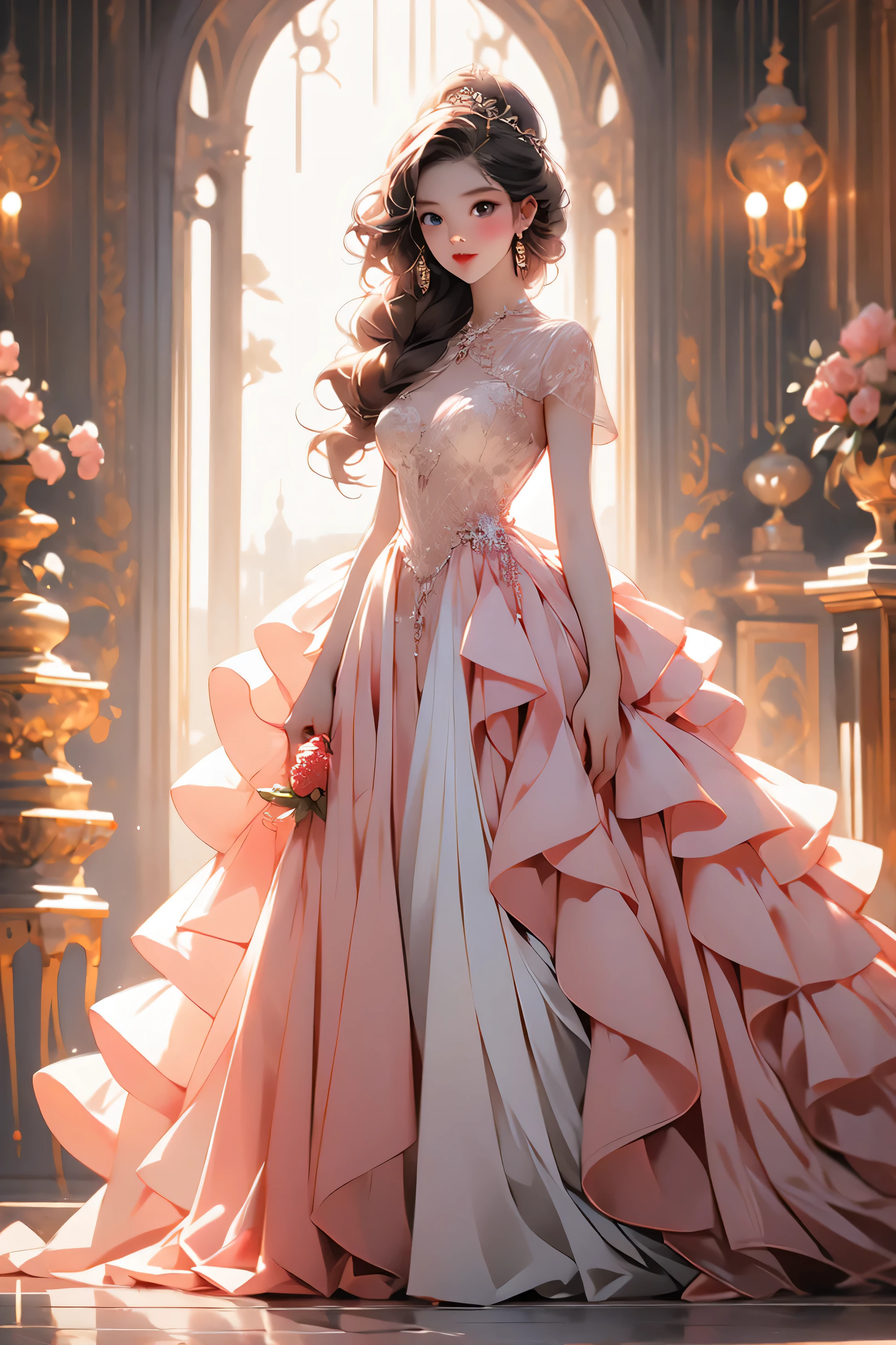 a very beautiful 19-year-old (in the film) young with fair and flawless skin, beautiful strawberry hair , inticate braiding, blue eyes, pink lips, low light, full-length blue ball gown, standing in the Castle, holding her ball gown, average height, slender build, an hourglass figure, and a softly-shaped, kind face, full body, wide shot