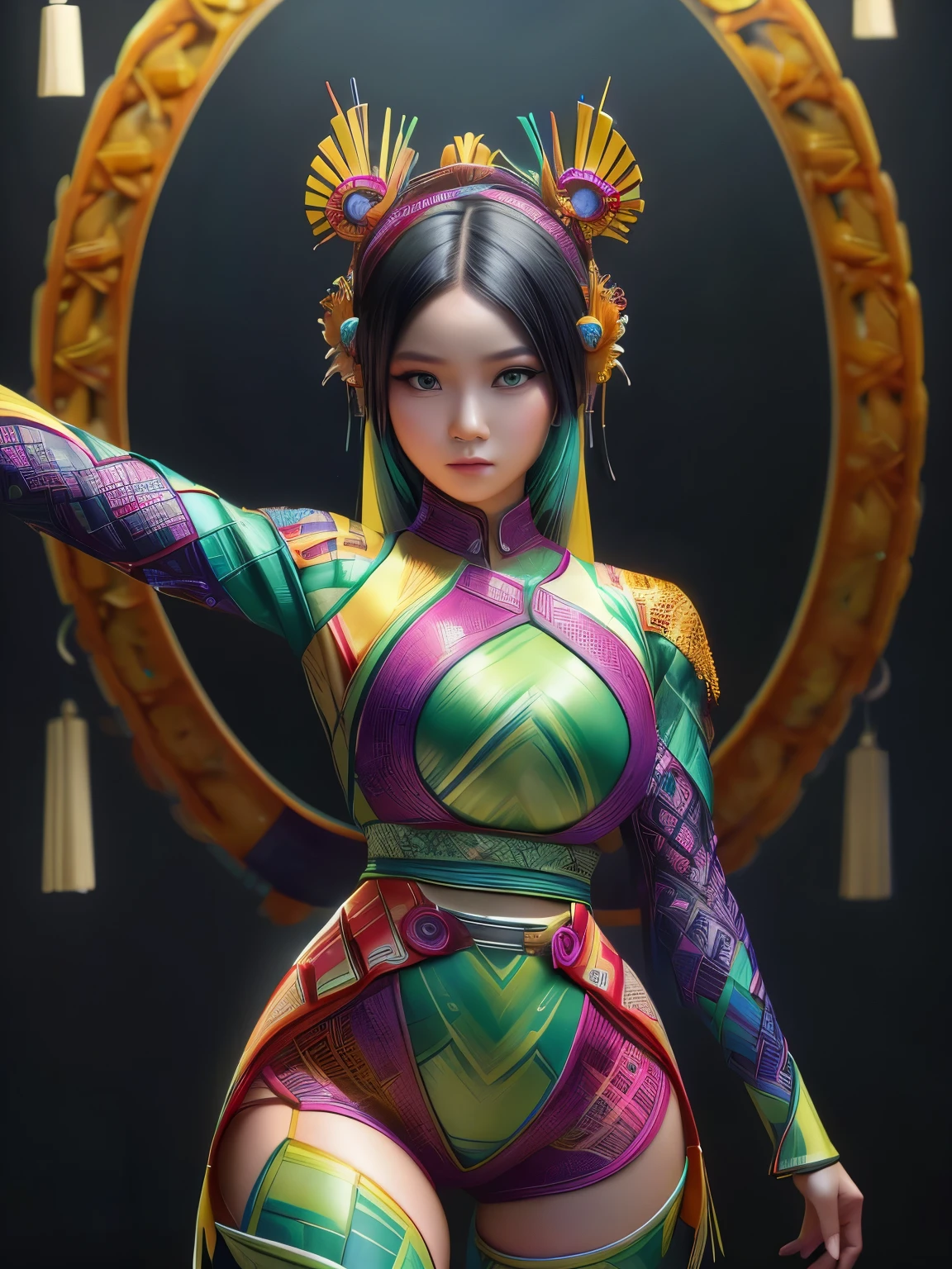 An Indonesian-styled futuristic suit worn by a girl depicting cultural fusion and modern fashion. The suit is adorned with intricate patterns and vibrant colors, showcasing the rich heritage of Indonesia. The girl stands confidently in a dynamic pose, with her detailed eyes reflecting determination and curiosity. The suit's material is a combination of traditional textiles and futuristic synthetic fabrics, giving it a unique and avant-garde appearance. The overall image quality is of the highest standard, with sharp focus and ultra-detailed rendering. The artwork employs physically-based rendering techniques, resulting in realistic lighting and shadows. The colors are vivid and vibrant, capturing the essence of Indonesian cultural aesthetics. The background features a fusion of modern architecture and traditional elements, creating a harmonious blend of the past and the future. The prompt explores the intersection of Indonesian culture, futuristic design, and the artistic representation of a confident girl