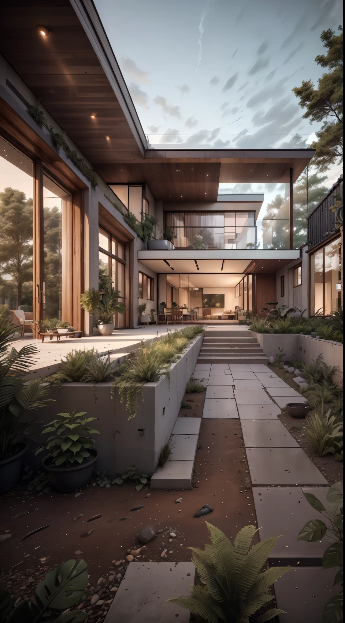 Bauhaus style house, glass house with a sloping roof, modern, dynamic (RAW photo, real, best quality, masterpiece:1.2), (hyper realistic, photo-realistic:1.2), high quality, (dark lighting:1.2), perfect lighting, archdaily